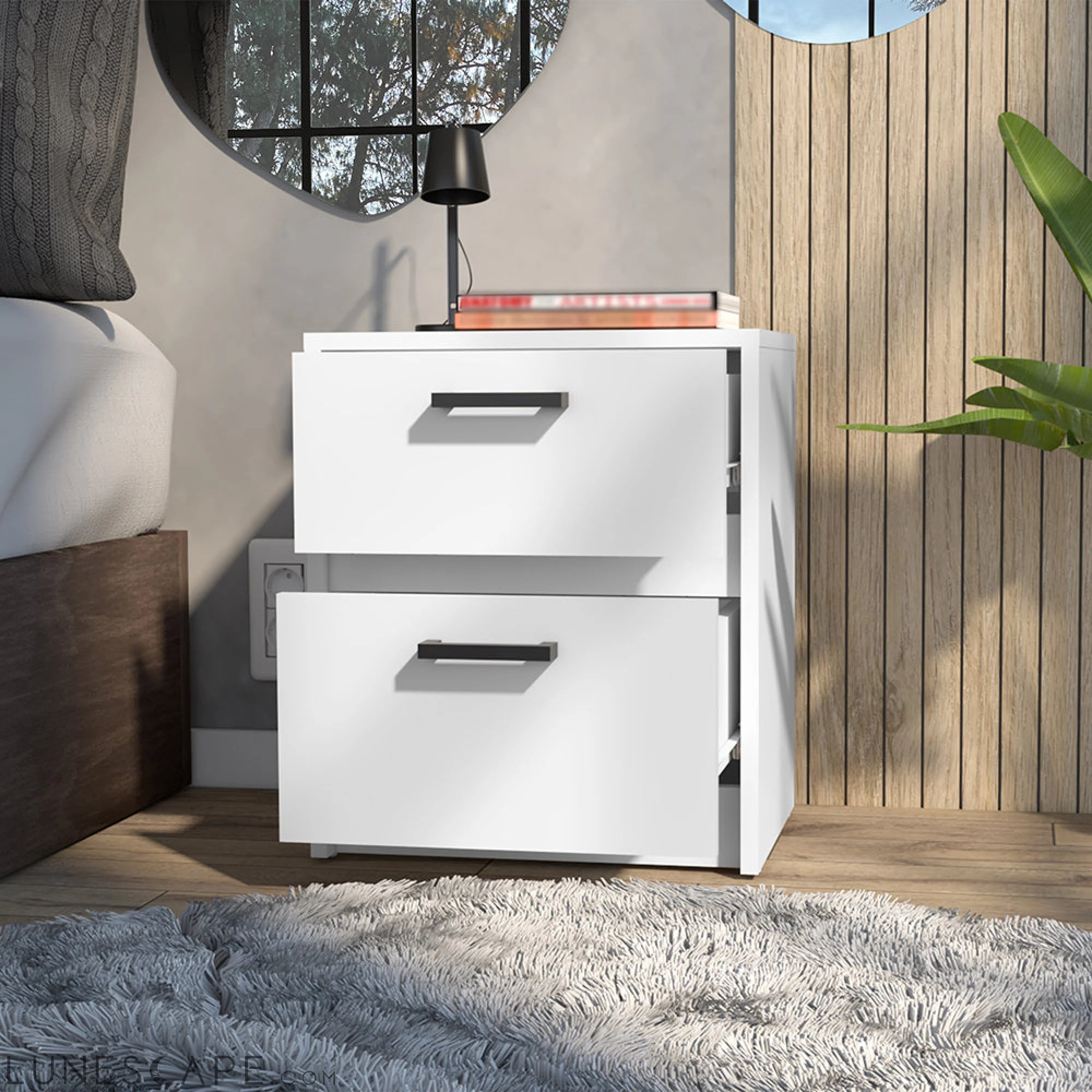 Nightstand Chequered, Two Drawes, White Finish LUNESCAPE