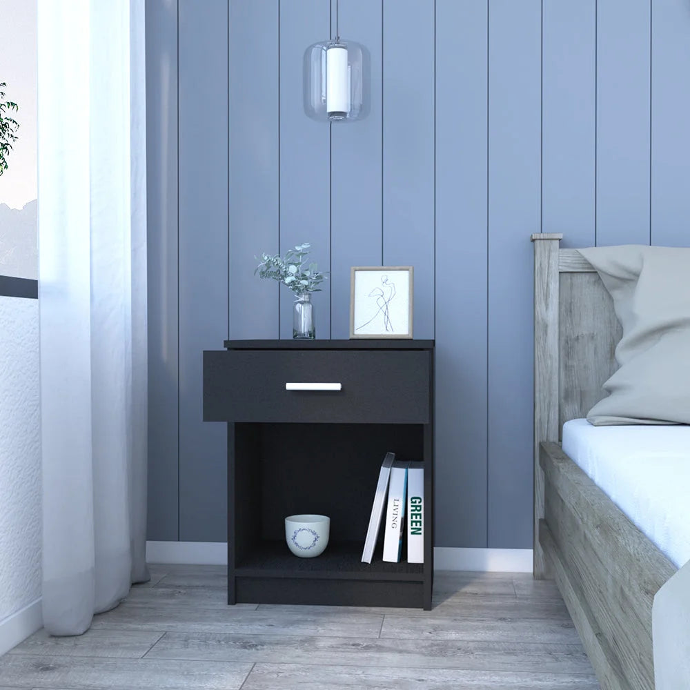 Nightstand Coco, Single Drawer, Lower Shelf, Black Wengue Finish LUNESCAPE