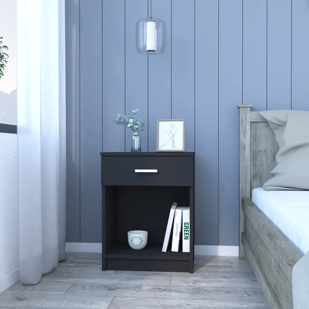 Nightstand Coco, Single Drawer, Lower Shelf, Black Wengue Finish LUNESCAPE