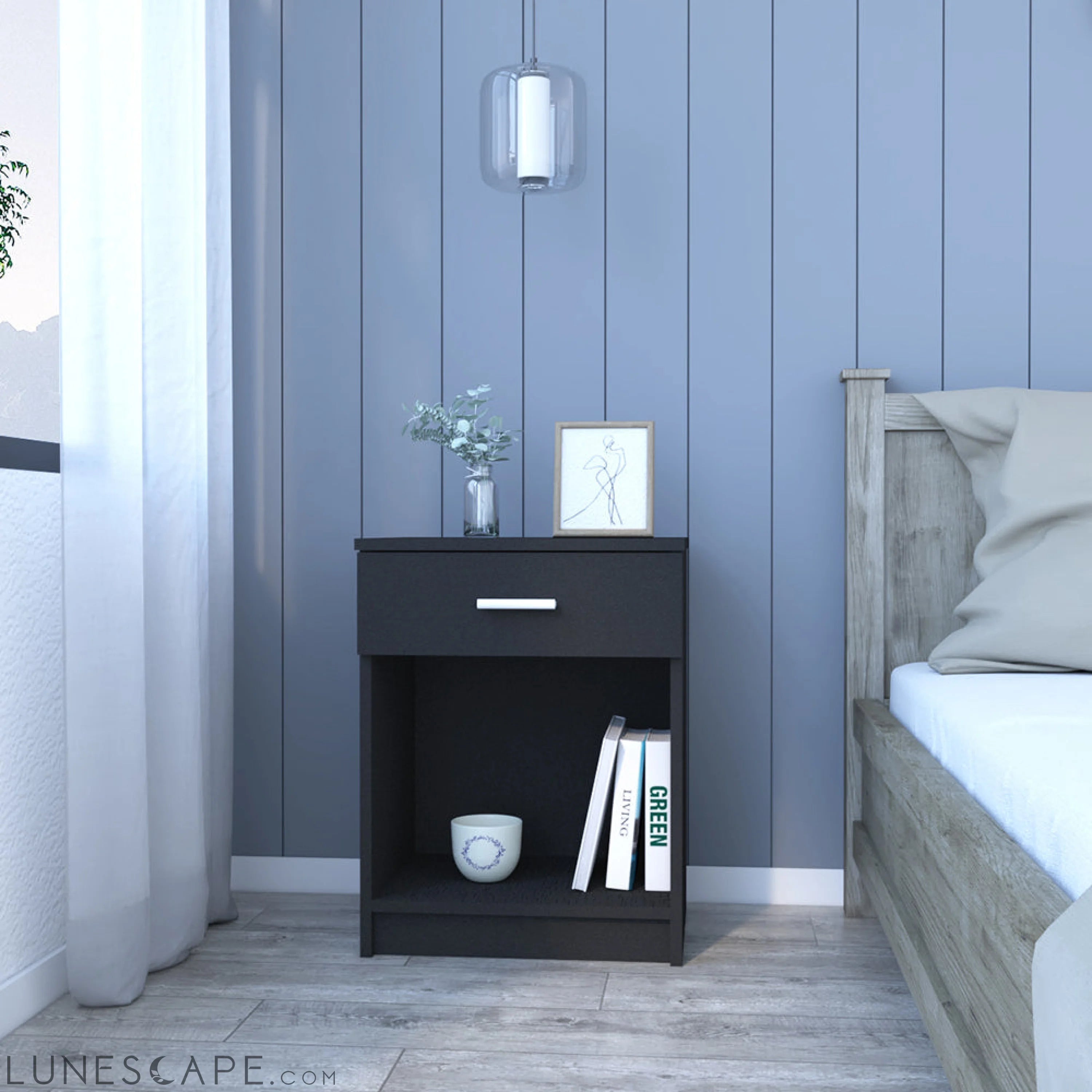 Nightstand Coco, Single Drawer, Lower Shelf, Black Wengue Finish LUNESCAPE