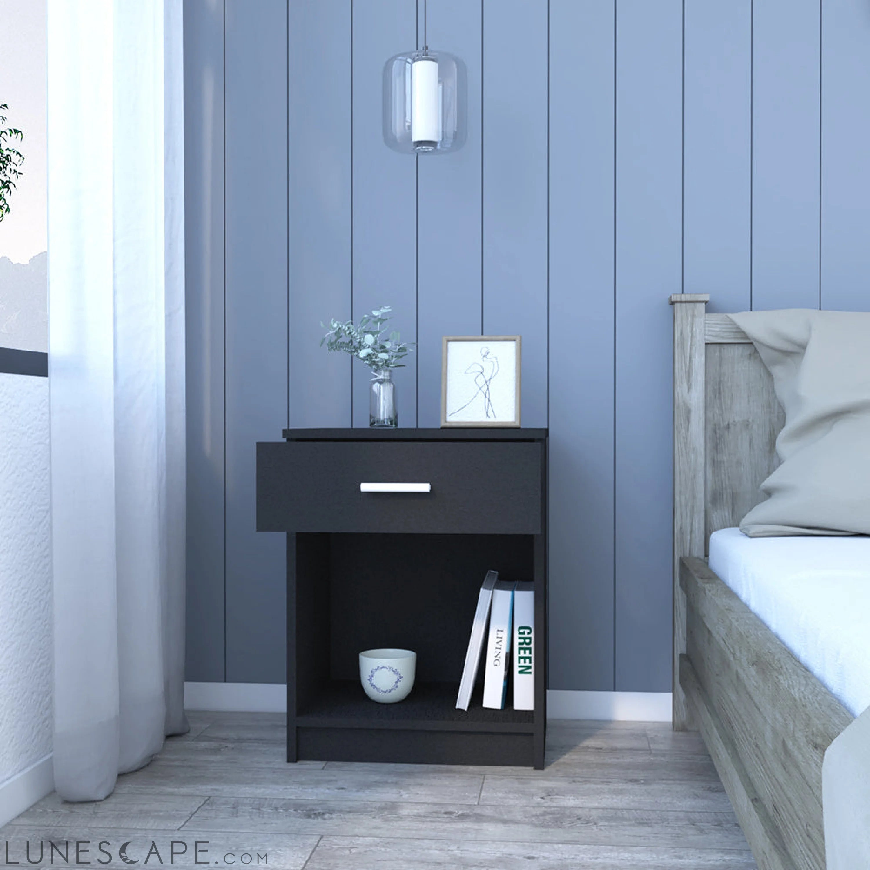 Nightstand Coco, Single Drawer, Lower Shelf, Black Wengue Finish LUNESCAPE