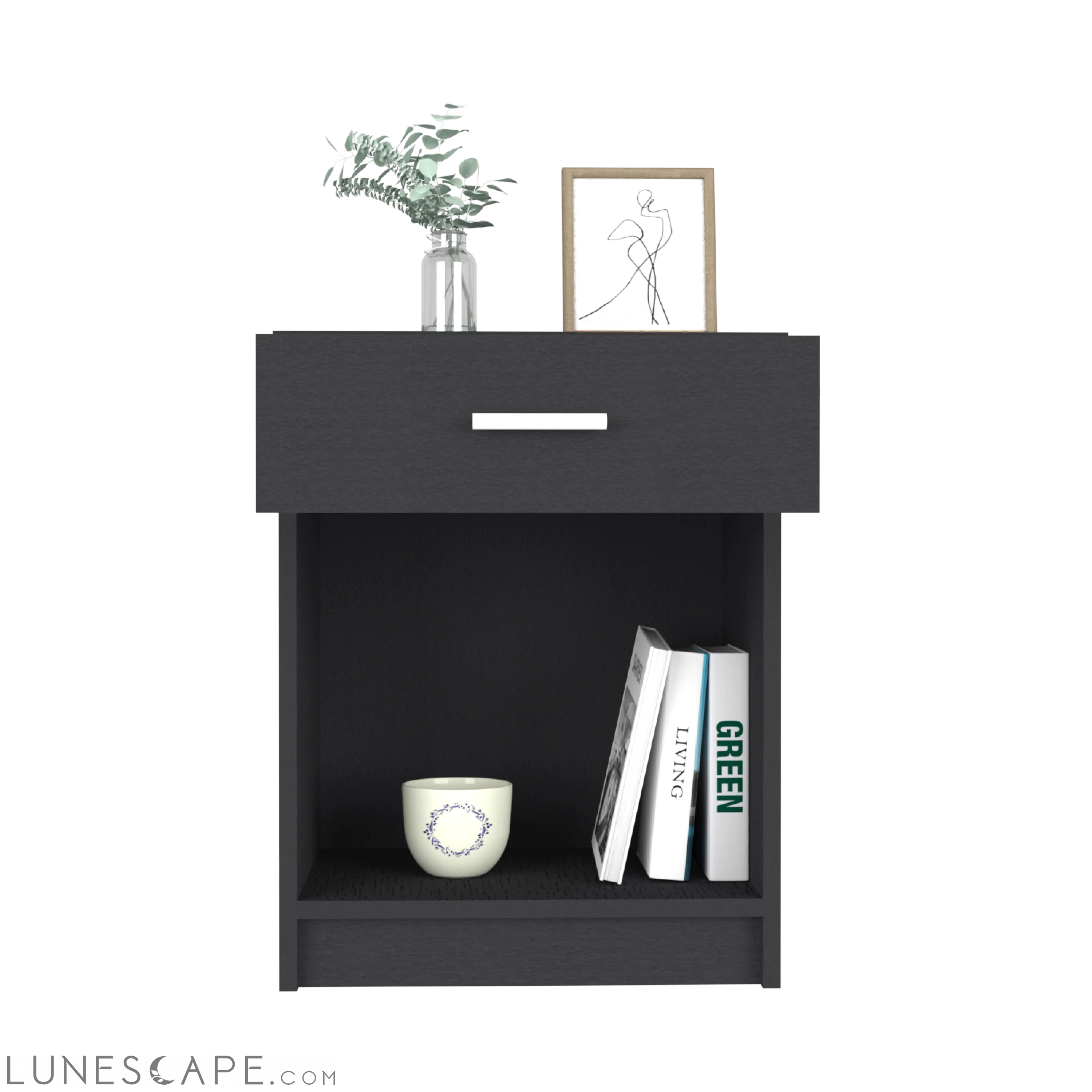 Nightstand Coco, Single Drawer, Lower Shelf, Black Wengue Finish LUNESCAPE