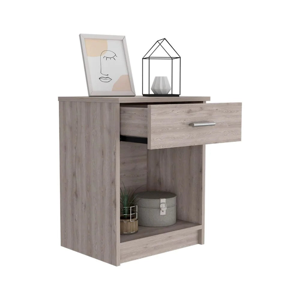 Nightstand Coco, Single Drawer, Lower Shelf, Light Gray Finish LUNESCAPE