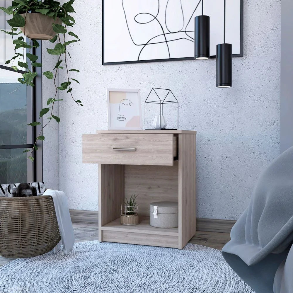 Nightstand Coco, Single Drawer, Lower Shelf, Light Gray Finish LUNESCAPE