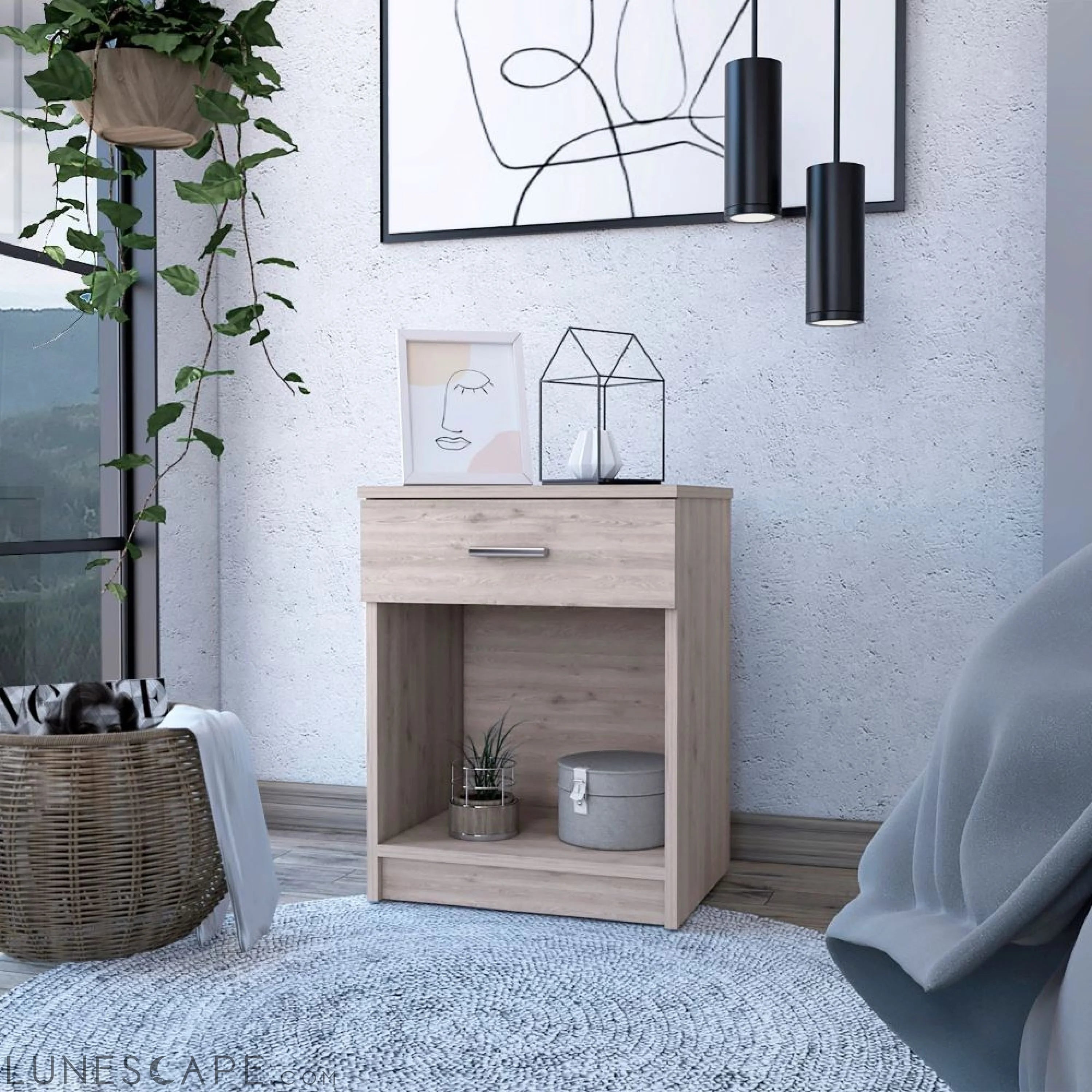 Nightstand Coco, Single Drawer, Lower Shelf, Light Gray Finish LUNESCAPE