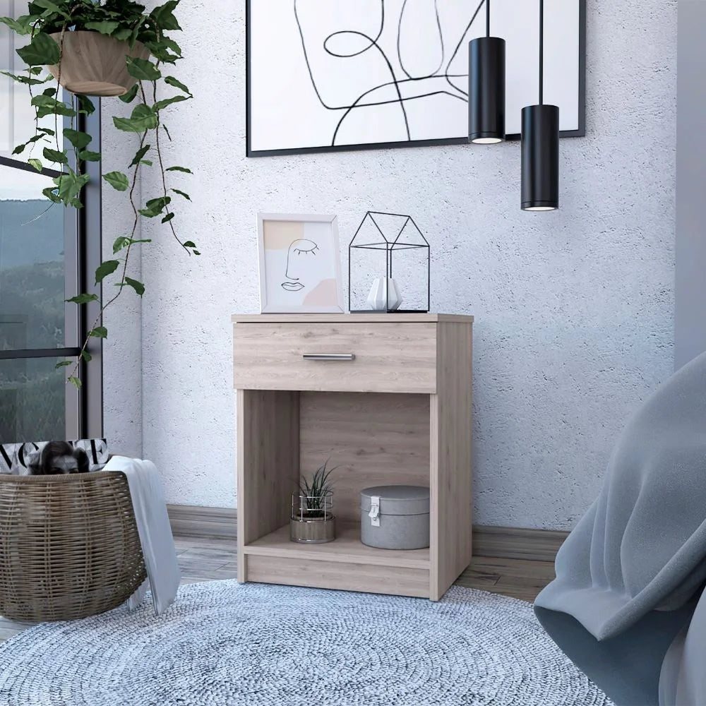 Nightstand Coco, Single Drawer, Lower Shelf, Light Gray Finish LUNESCAPE