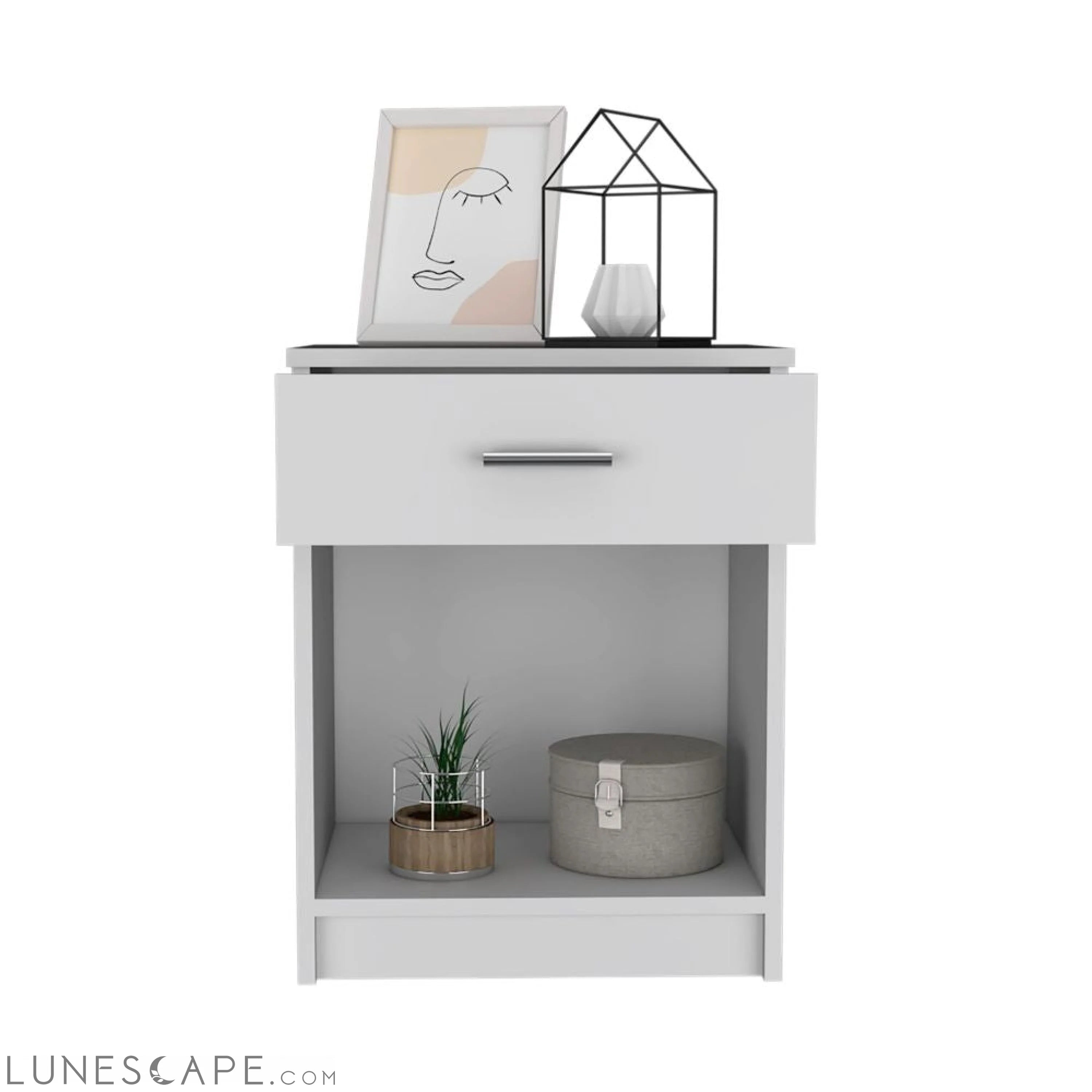 Nightstand Coco, Single Drawer, Lower Shelf, White Finish LUNESCAPE