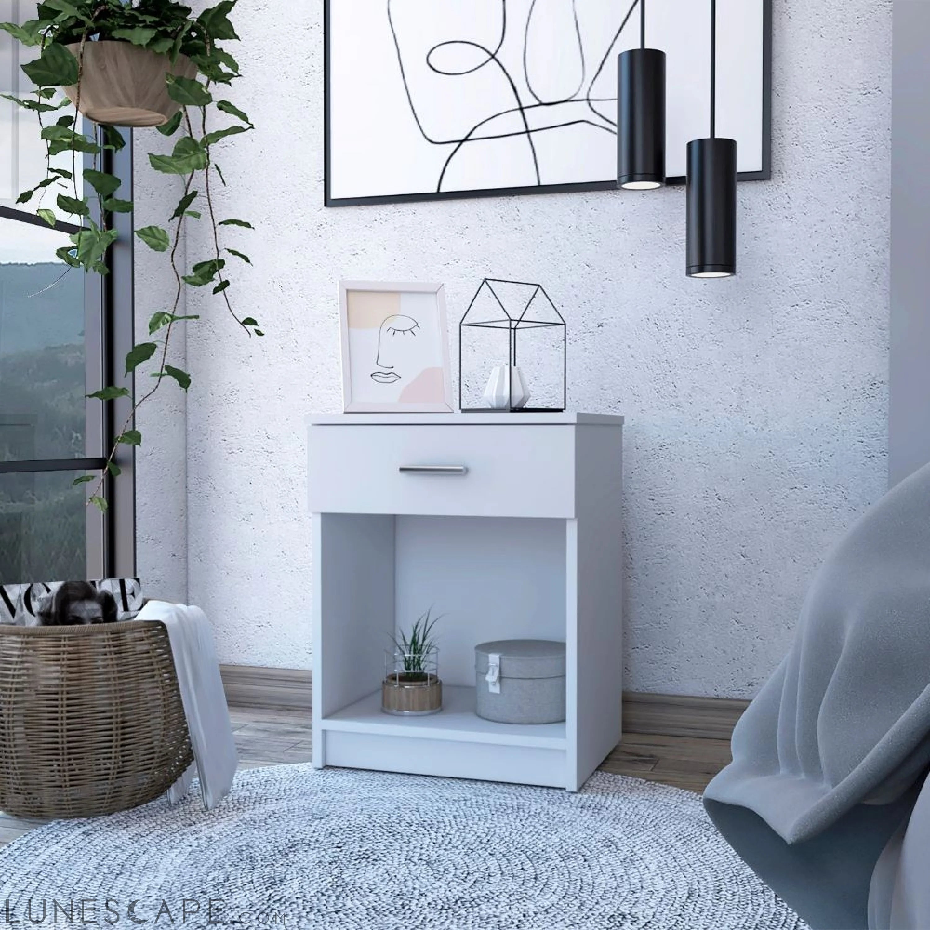 Nightstand Coco, Single Drawer, Lower Shelf, White Finish LUNESCAPE