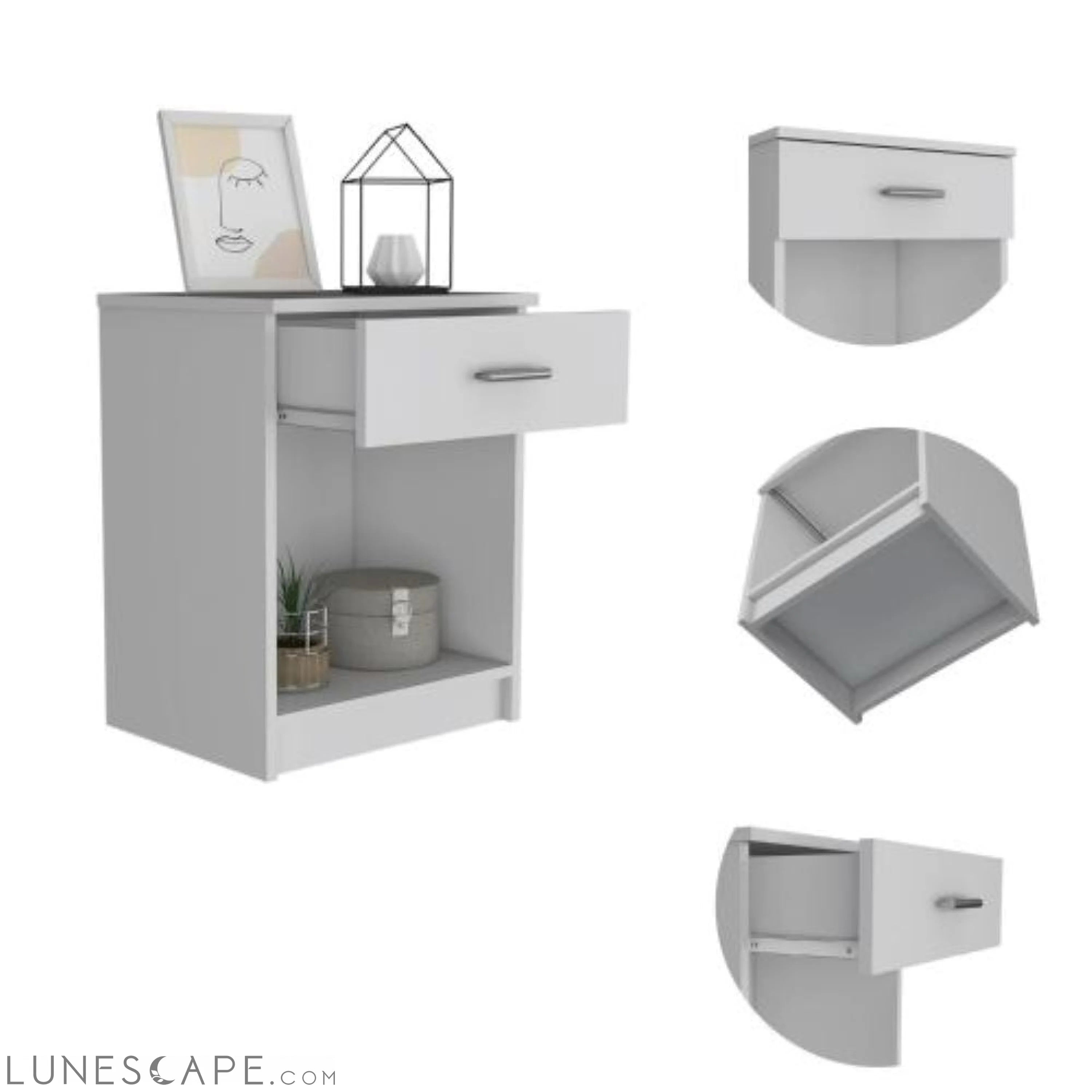 Nightstand Coco, Single Drawer, Lower Shelf, White Finish LUNESCAPE
