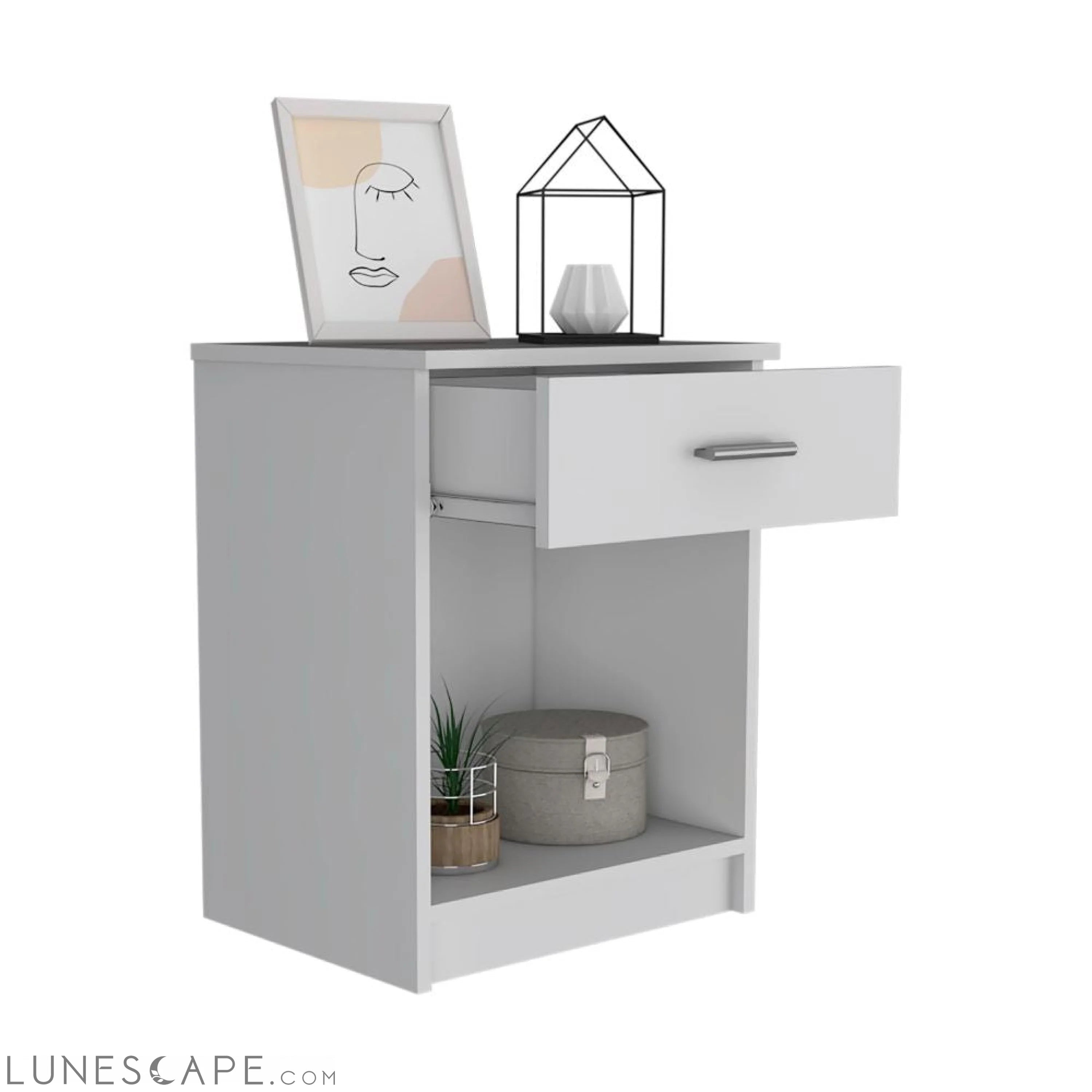 Nightstand Coco, Single Drawer, Lower Shelf, White Finish LUNESCAPE