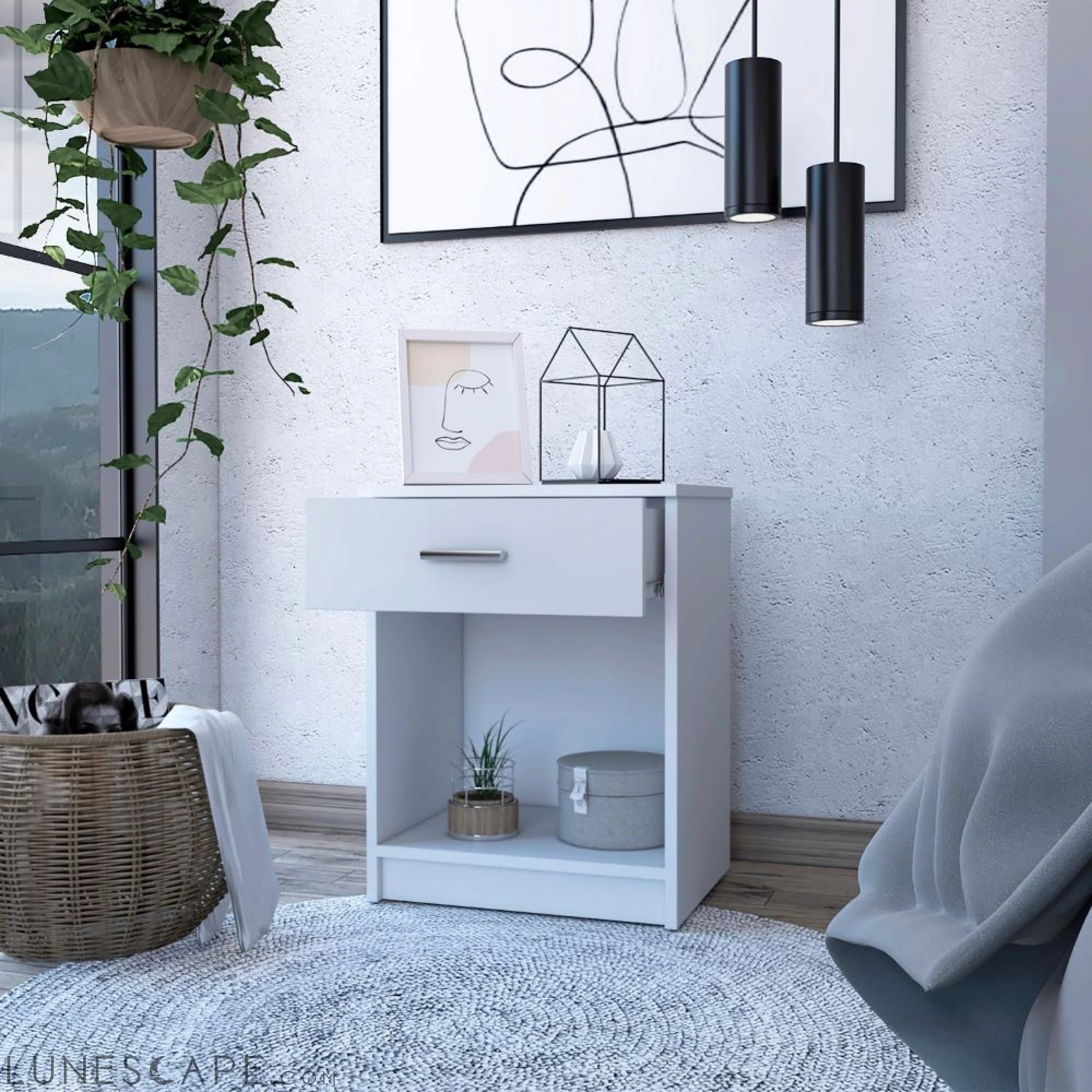 Nightstand Coco, Single Drawer, Lower Shelf, White Finish LUNESCAPE