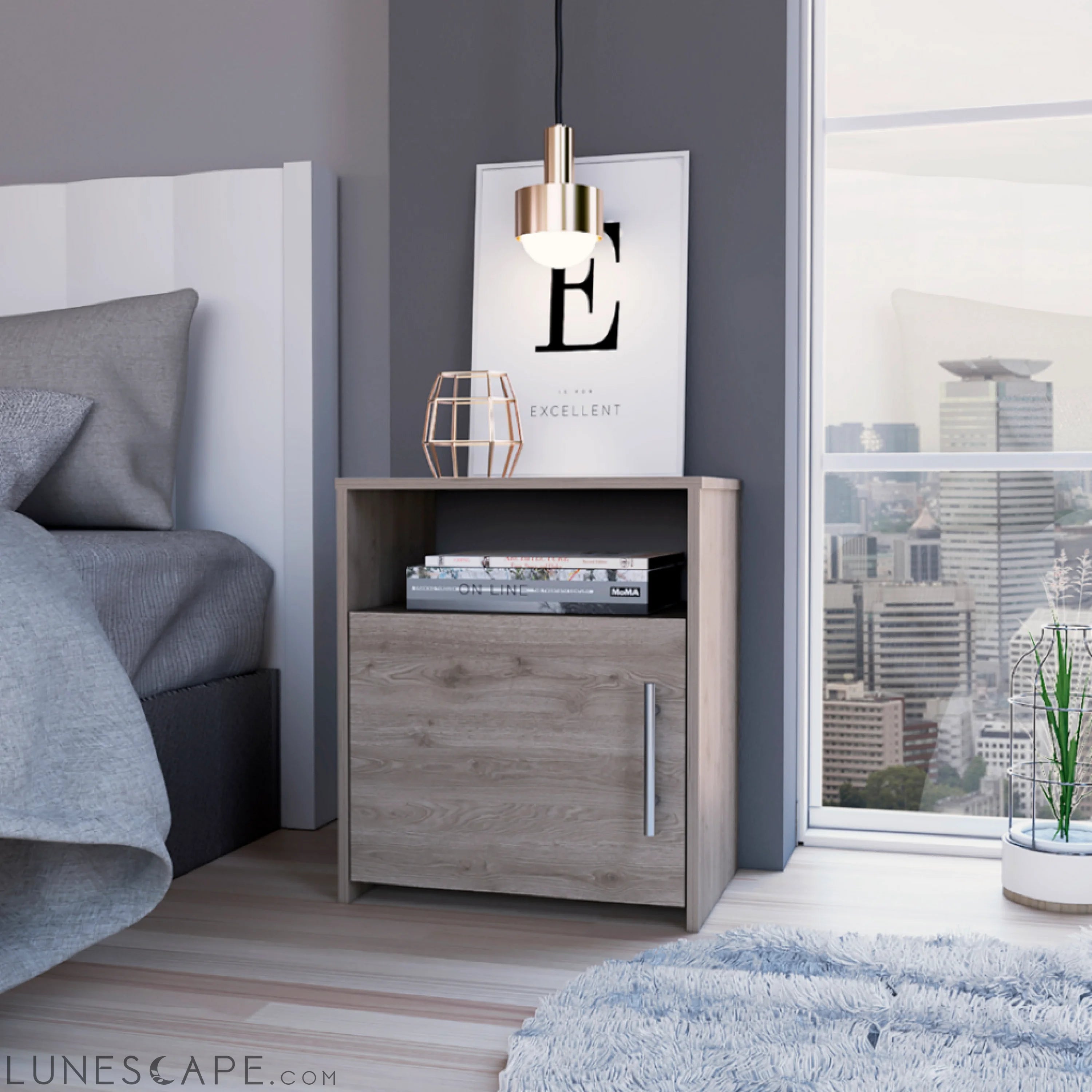 Nightstand Cuarzz, One Cabinet, Light Gray Finish LUNESCAPE