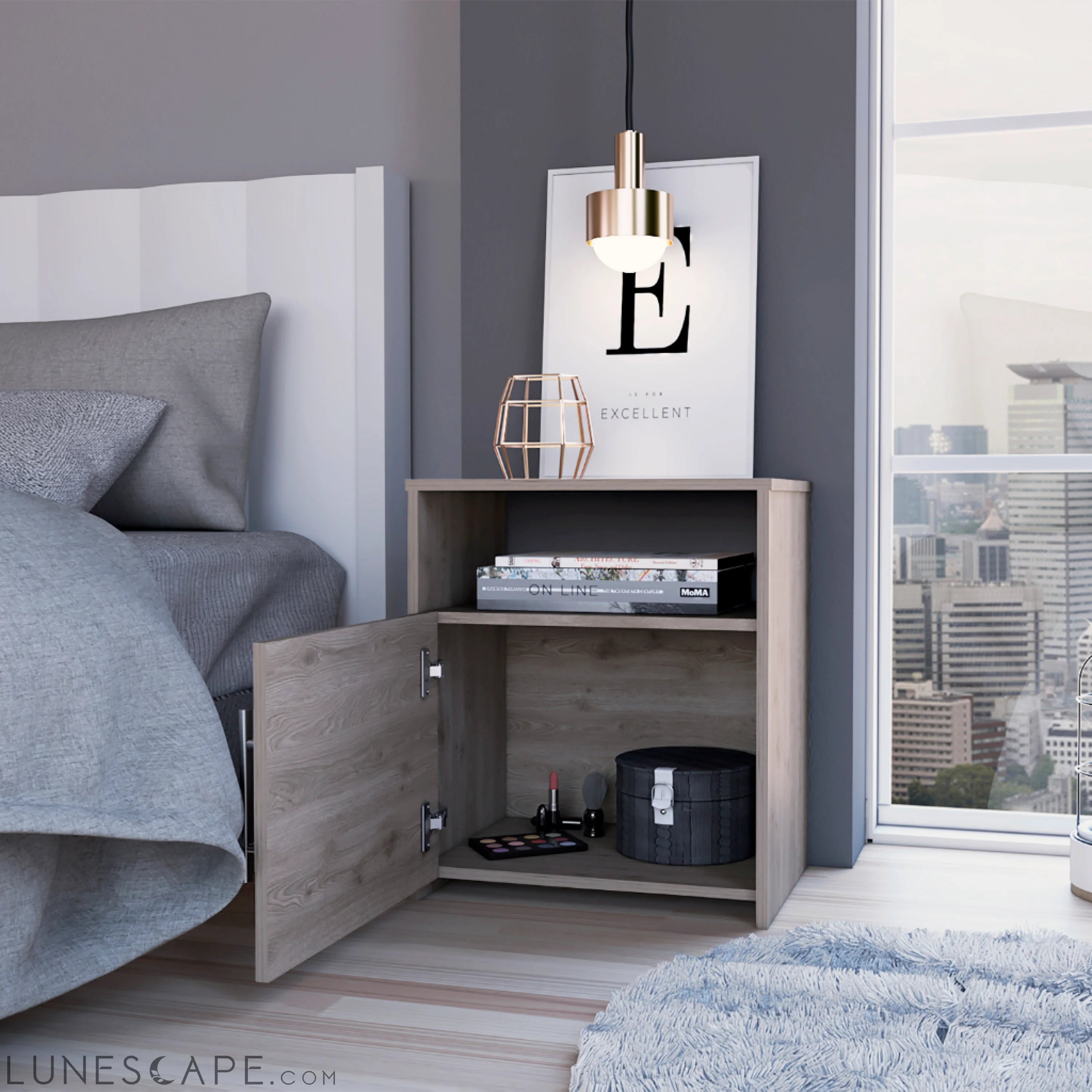 Nightstand Cuarzz, One Cabinet, Light Gray Finish LUNESCAPE
