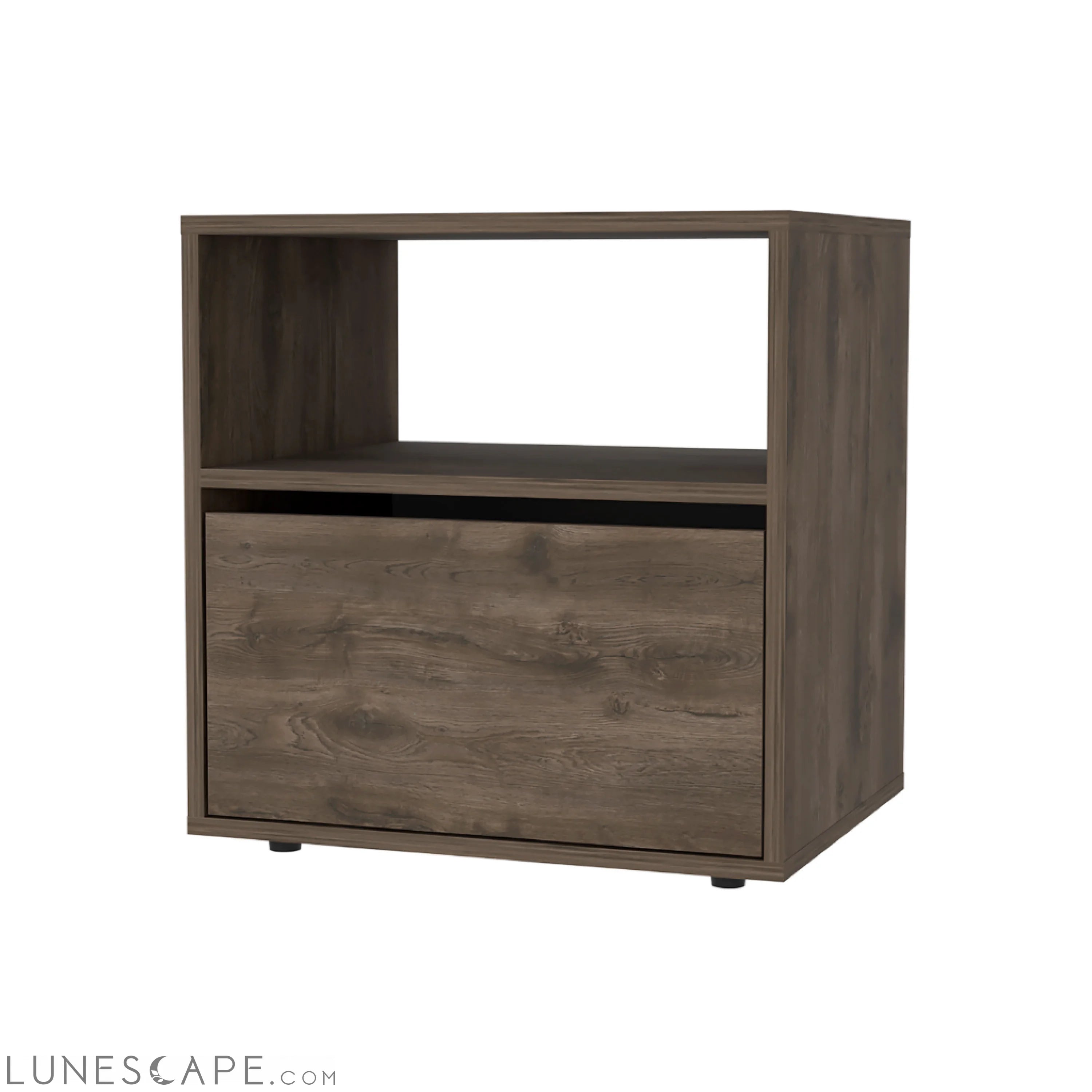 Nightstand Forum, One Open Shelf, One Cabinet, Dark Brown / Black LUNESCAPE