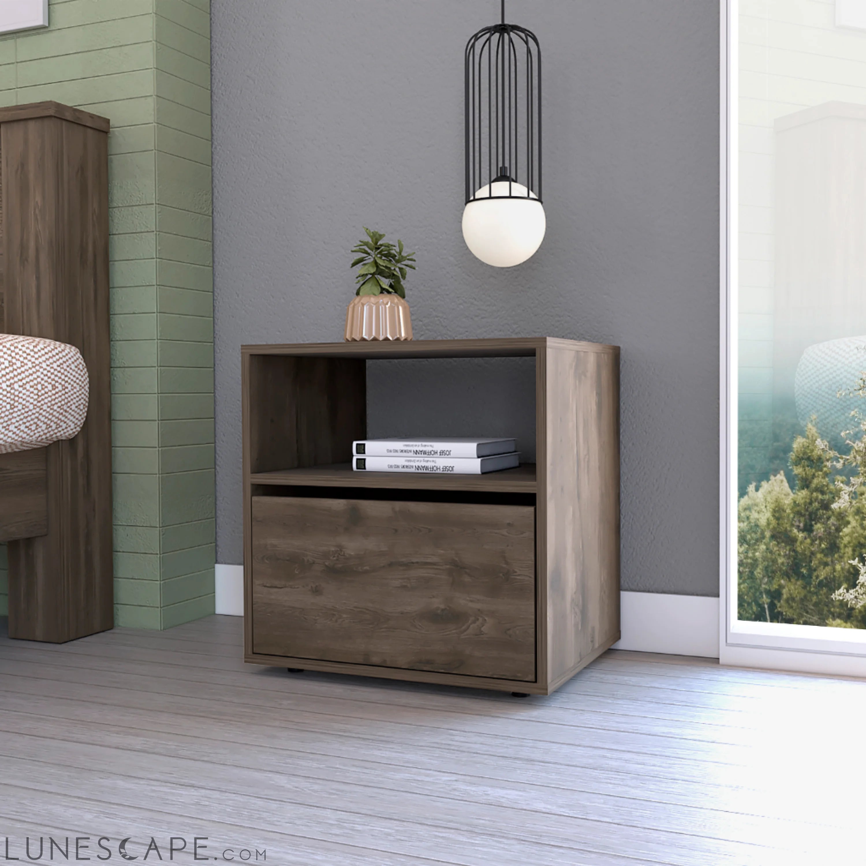 Nightstand Forum, One Open Shelf, One Cabinet, Dark Brown / Black LUNESCAPE