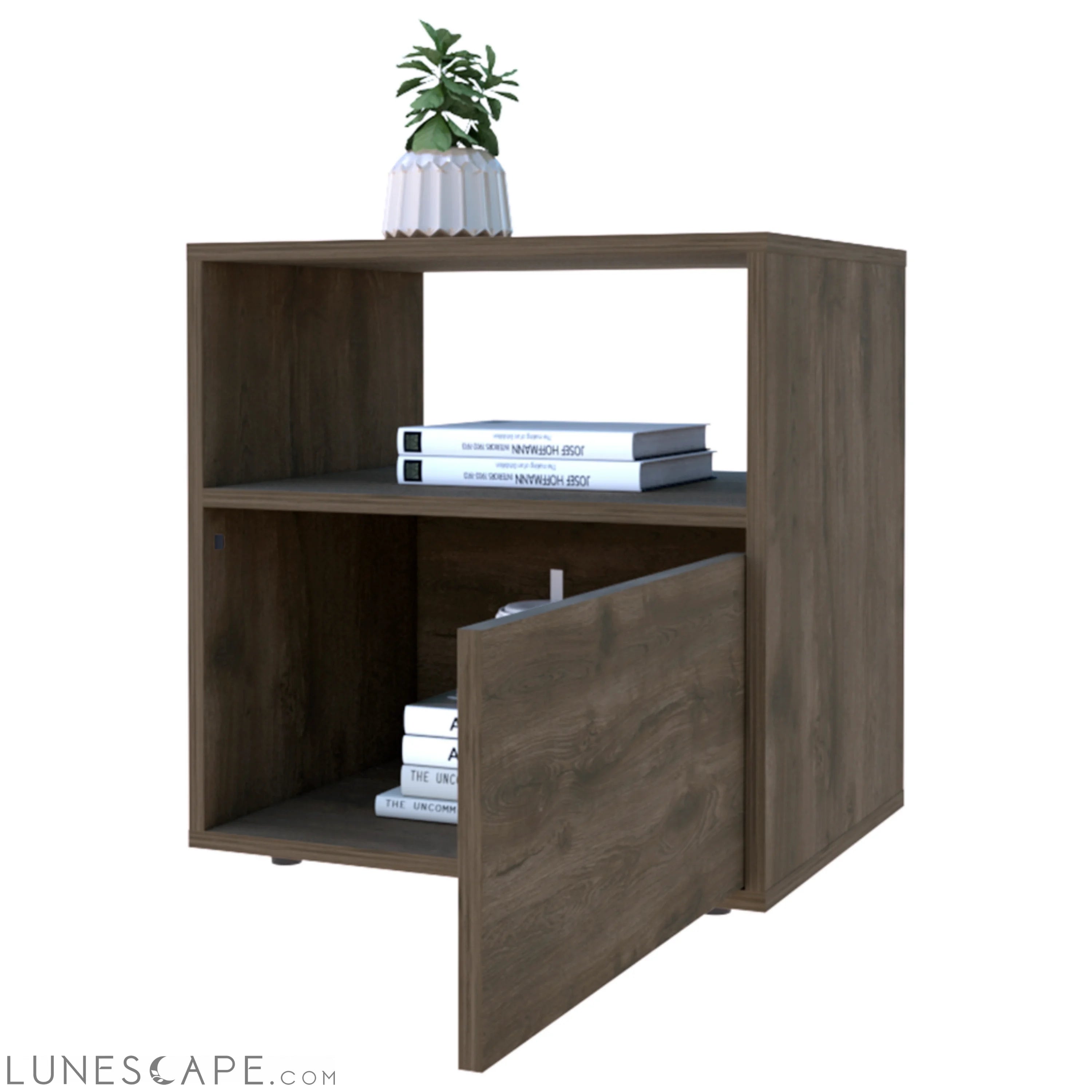 Nightstand Forum, One Open Shelf, One Cabinet, Dark Brown / Black LUNESCAPE