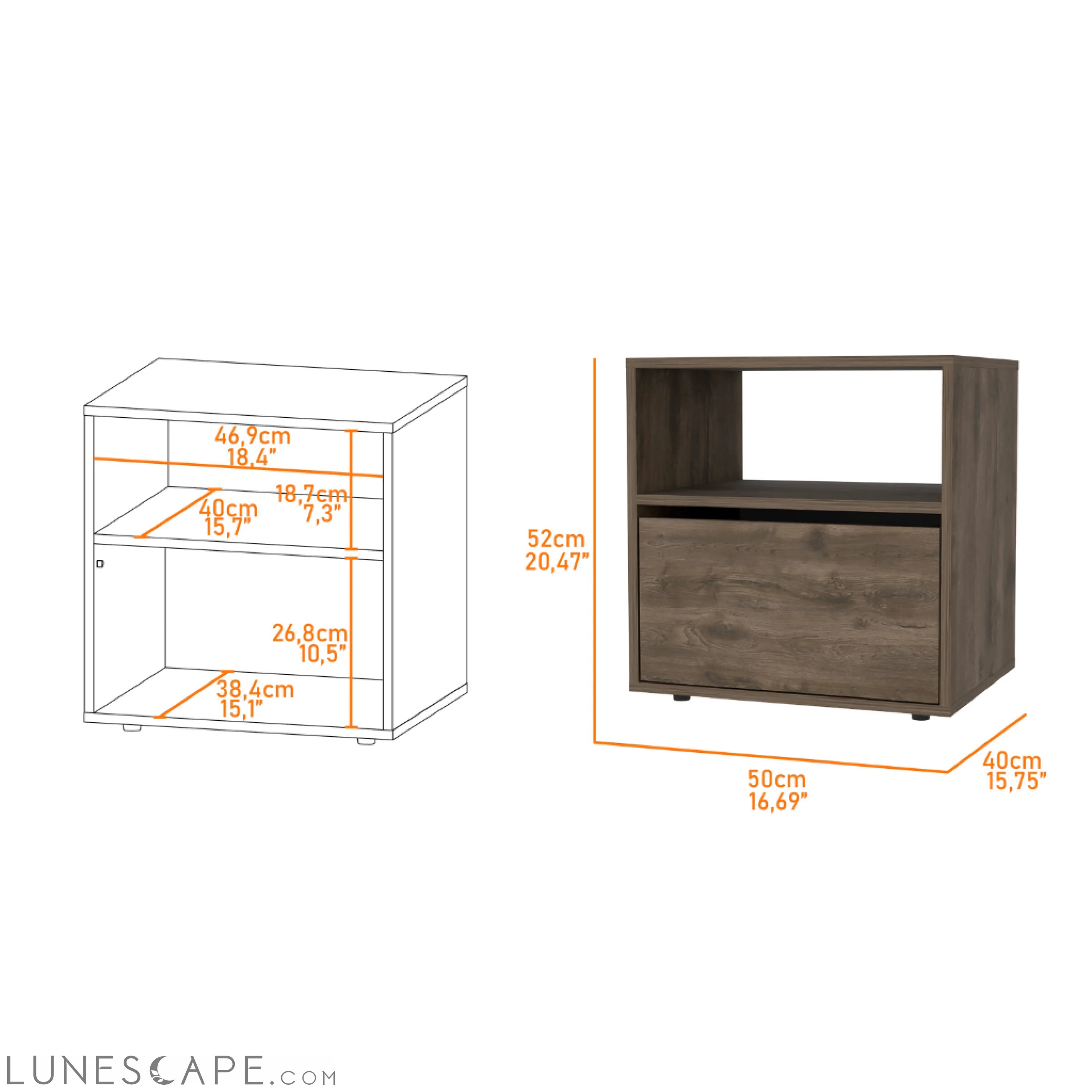 Nightstand Forum, One Open Shelf, One Cabinet, Dark Brown / Black LUNESCAPE