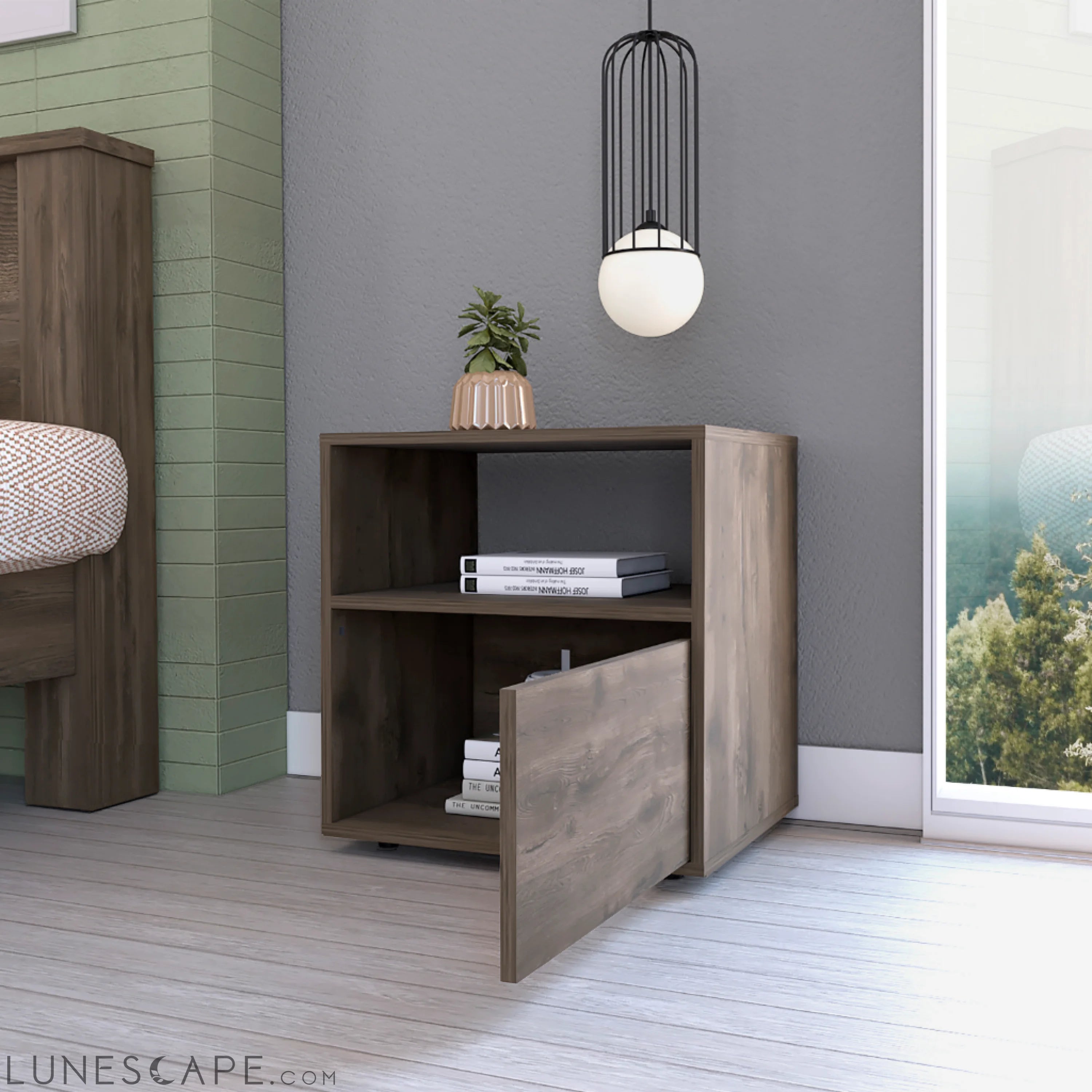 Nightstand Forum, One Open Shelf, One Cabinet, Dark Brown / Black LUNESCAPE