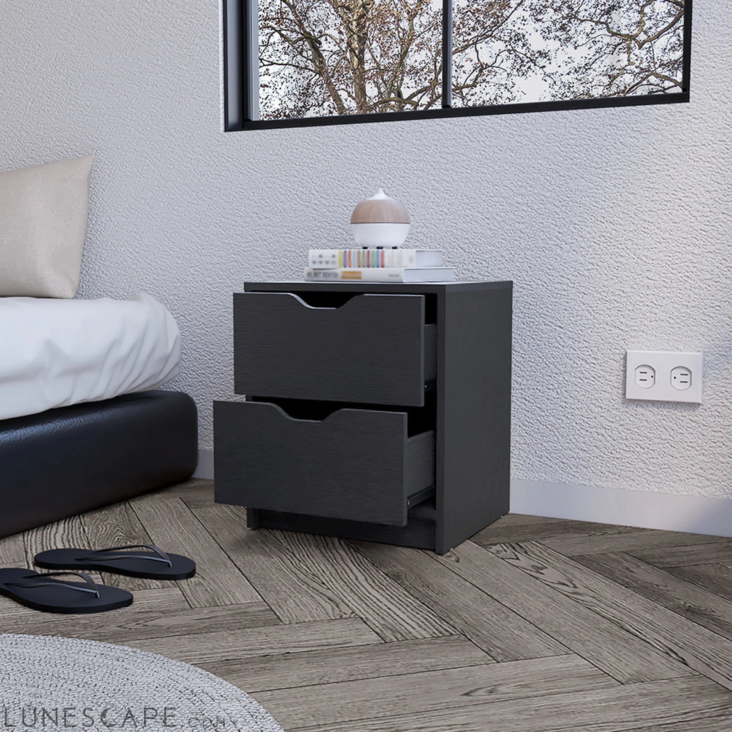Nightstand Gandu, Two Drawers, Black Wengue Finish LUNESCAPE