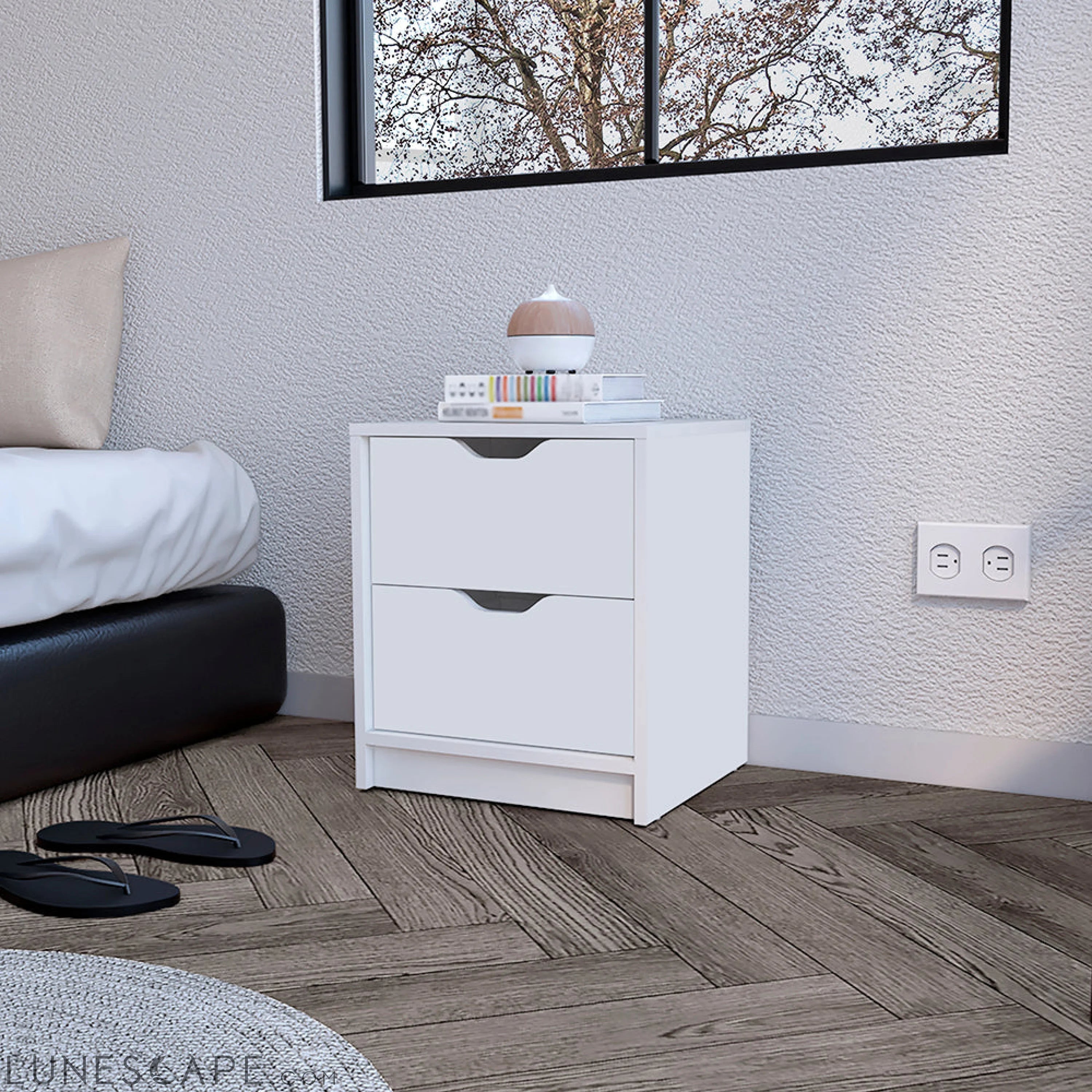 Nightstand Gandu, Two Drawers, White Finish LUNESCAPE