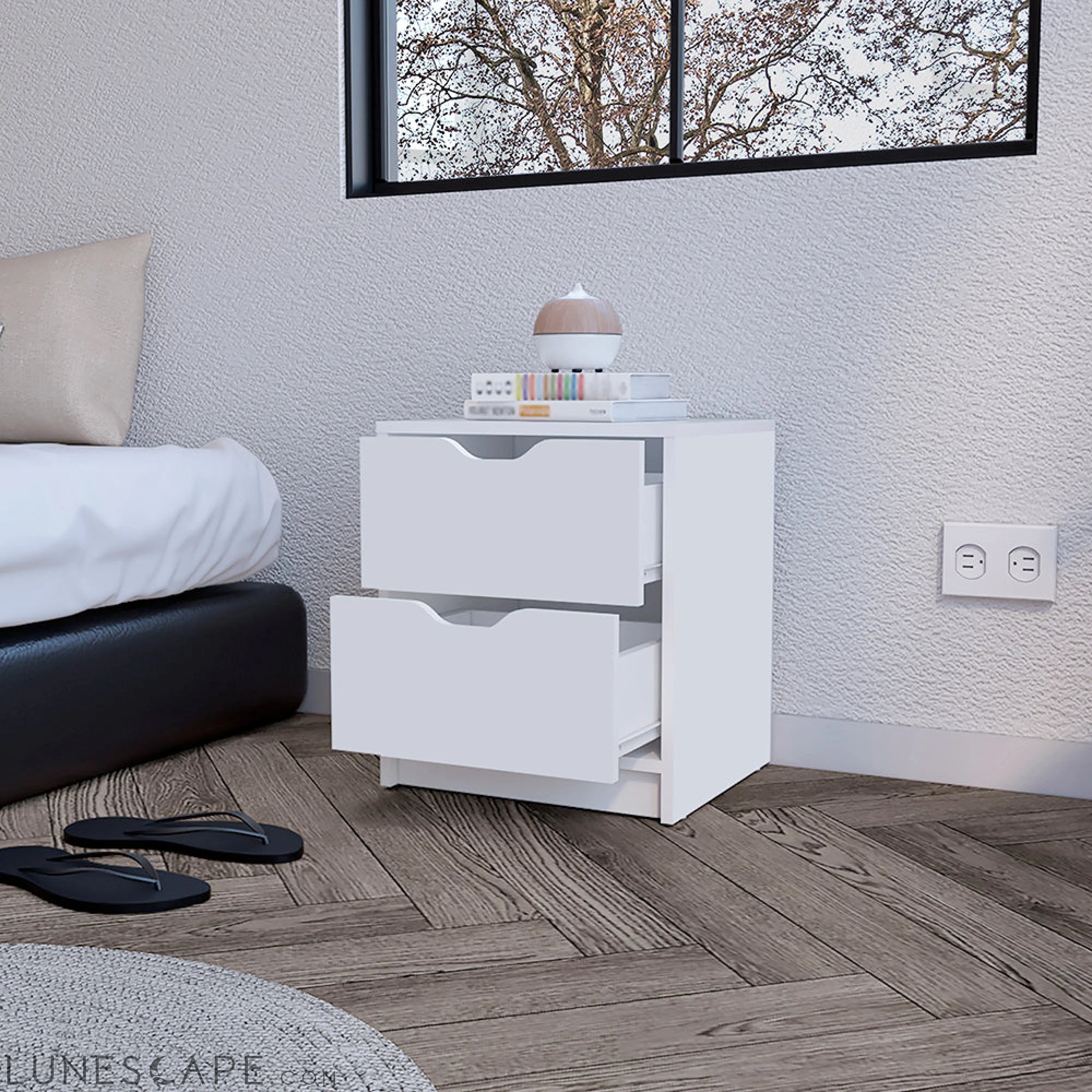 Nightstand Gandu, Two Drawers, White Finish LUNESCAPE