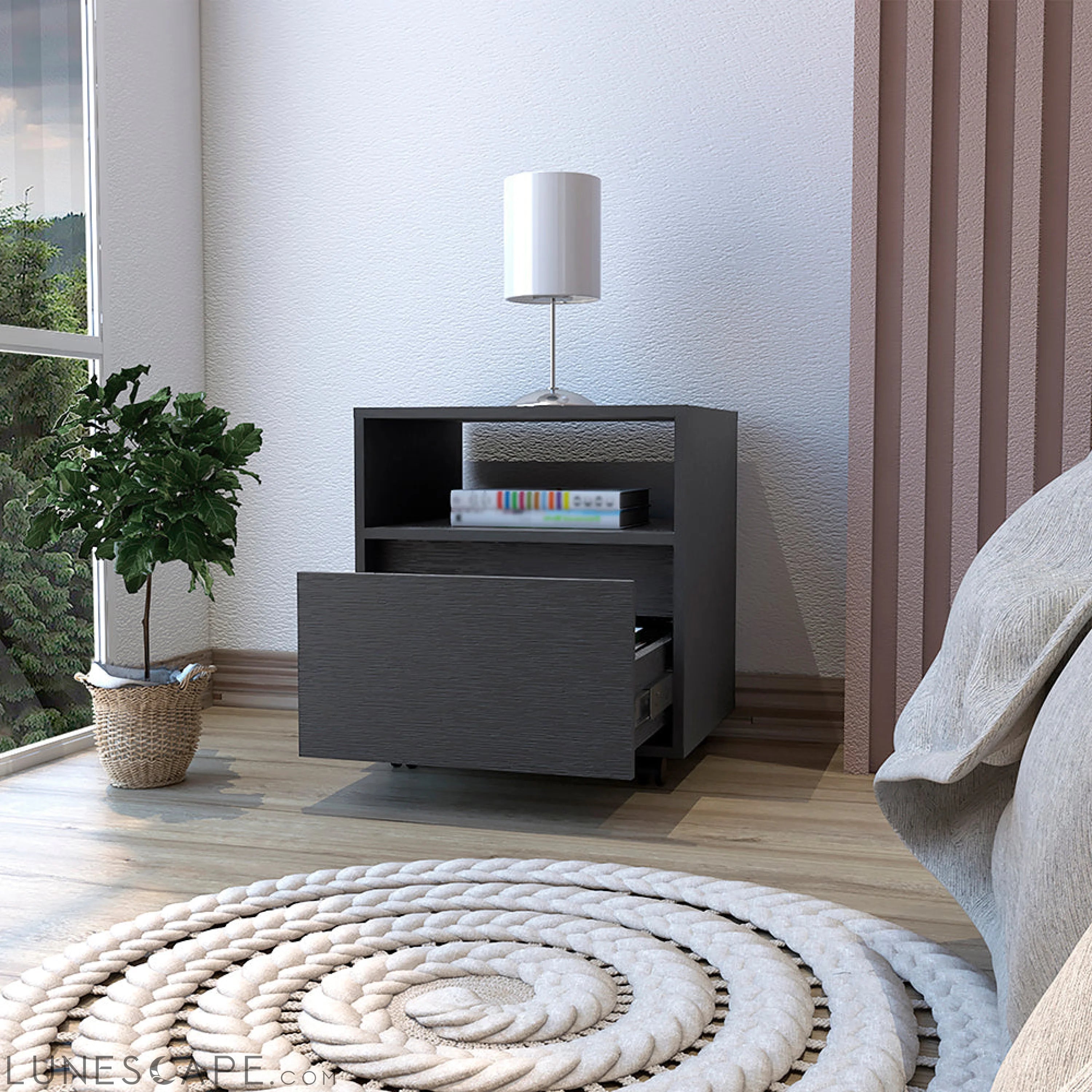 Nightstand Munyochi, One Drawer, Black Wengue Finish LUNESCAPE