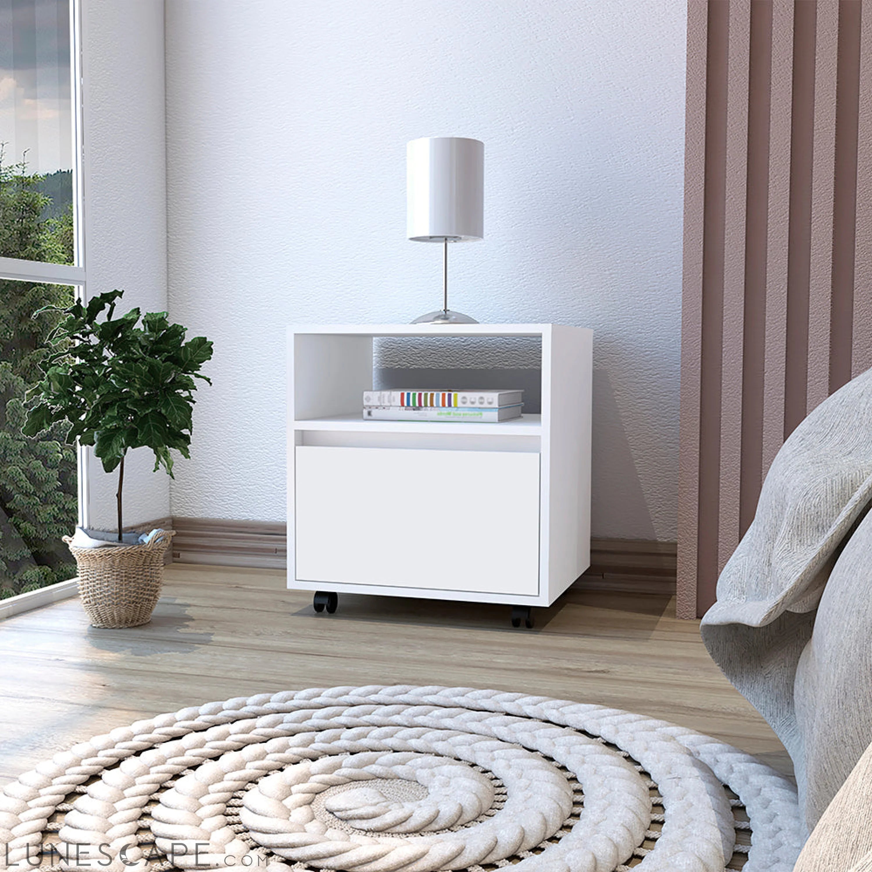 Nightstand Munyochi, One Drawer, White Finish LUNESCAPE