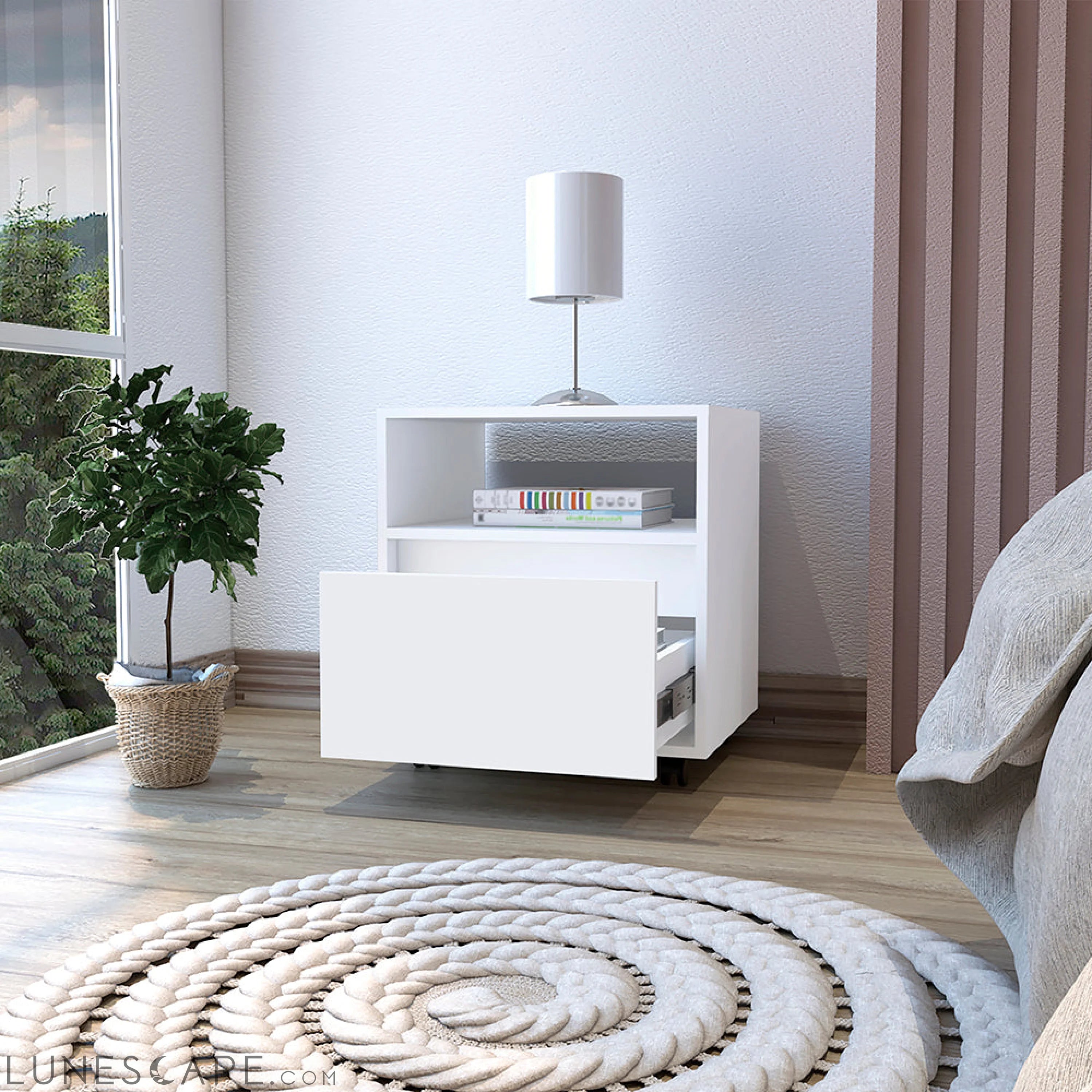 Nightstand Munyochi, One Drawer, White Finish LUNESCAPE