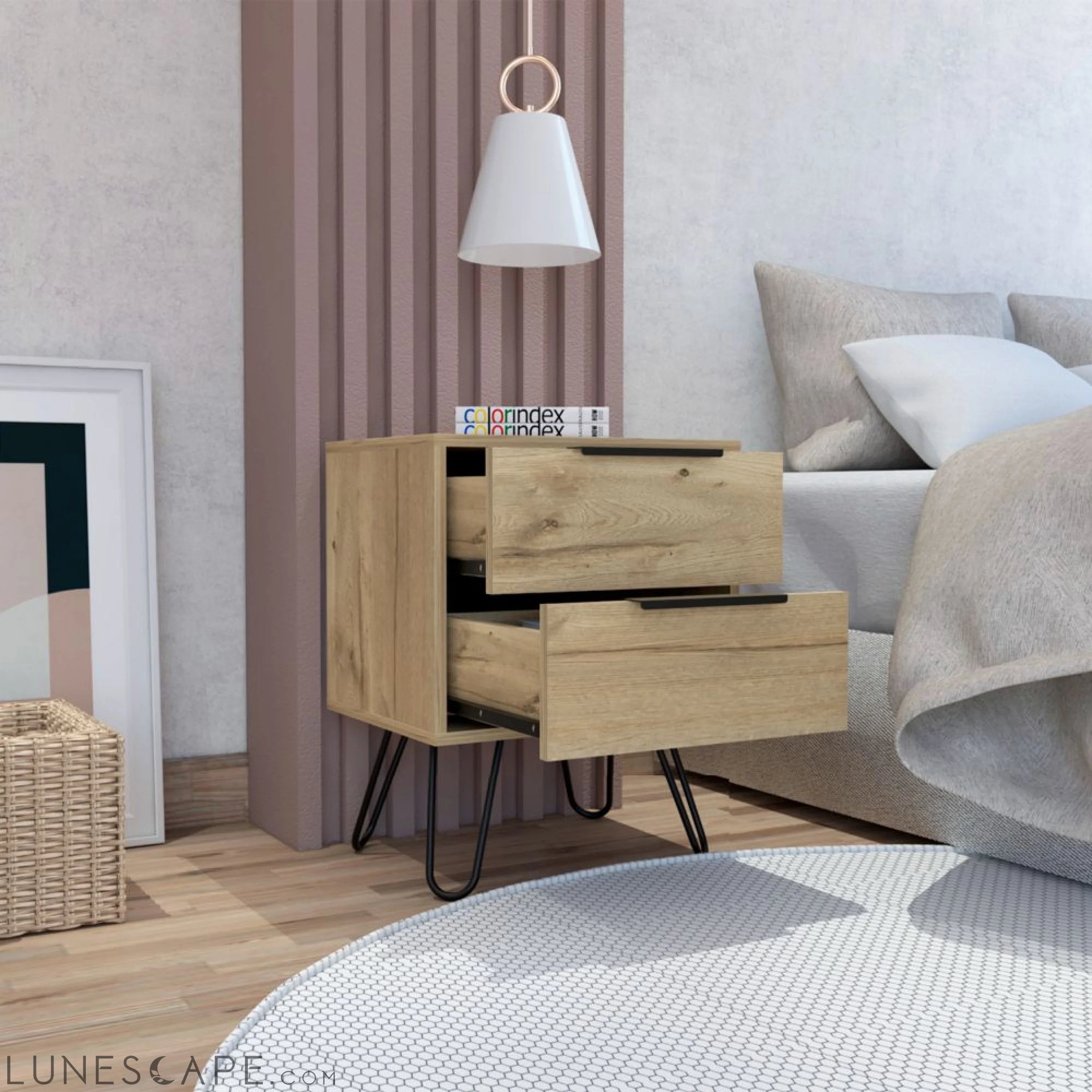 Nightstand Skyoner 2, Harpin Legs, Two Drawers, Light Oak Finish LUNESCAPE