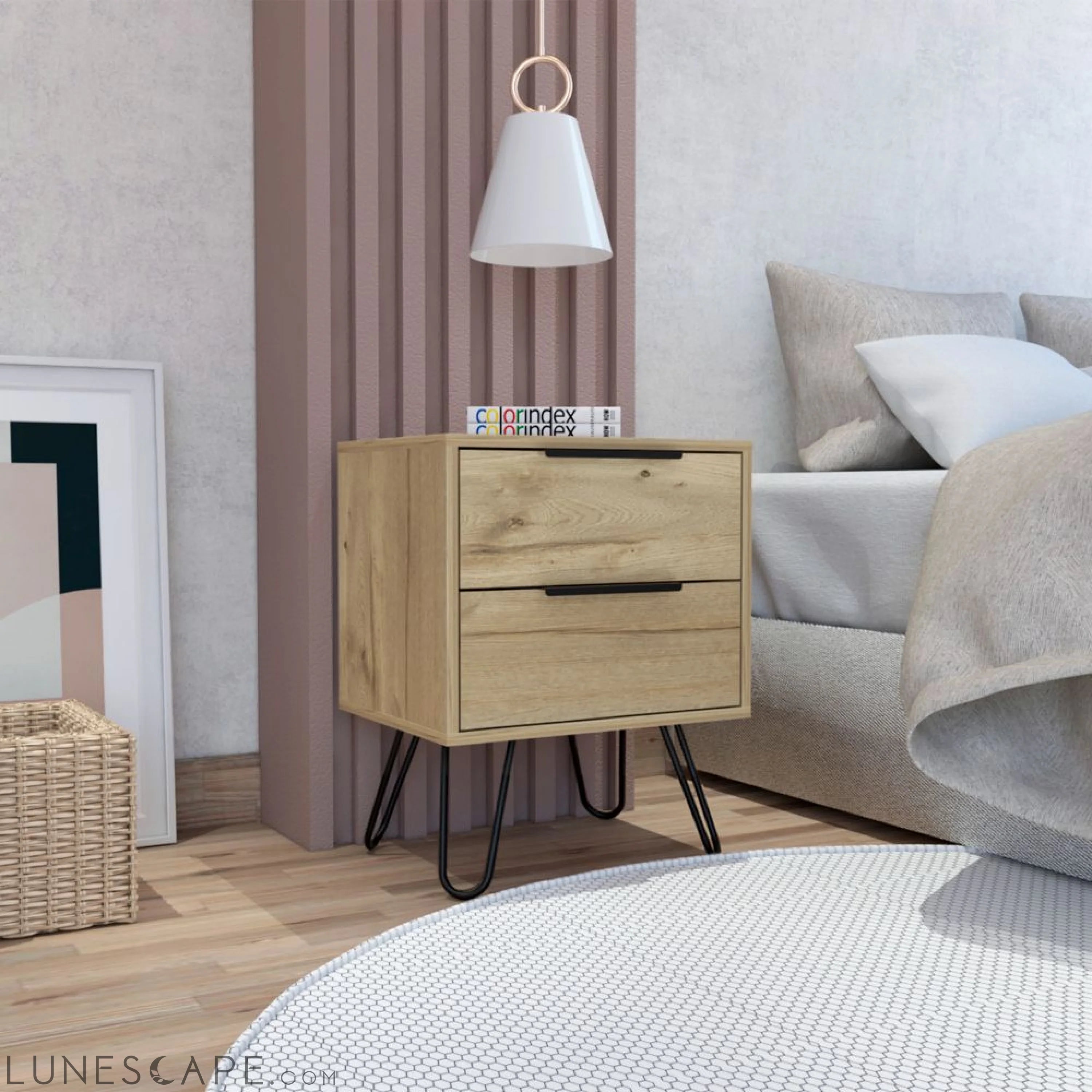 Nightstand Skyoner 2, Harpin Legs, Two Drawers, Light Oak Finish LUNESCAPE