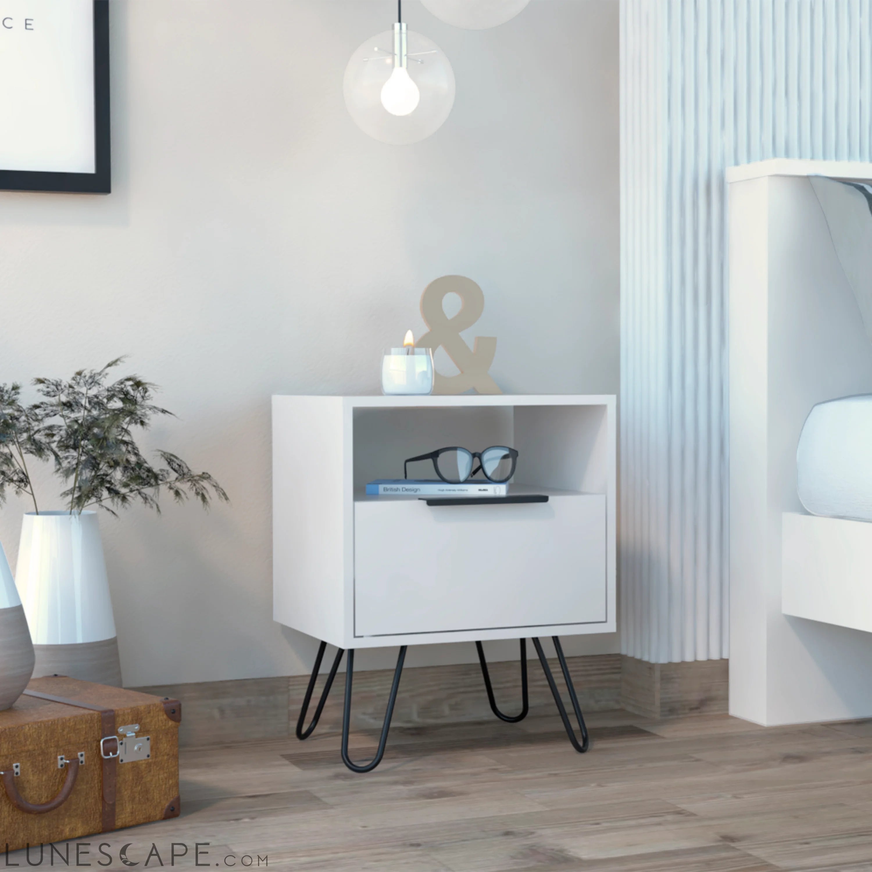 Nightstand Skyoner, Single Drawer, Hairpin Legs, White Finish LUNESCAPE