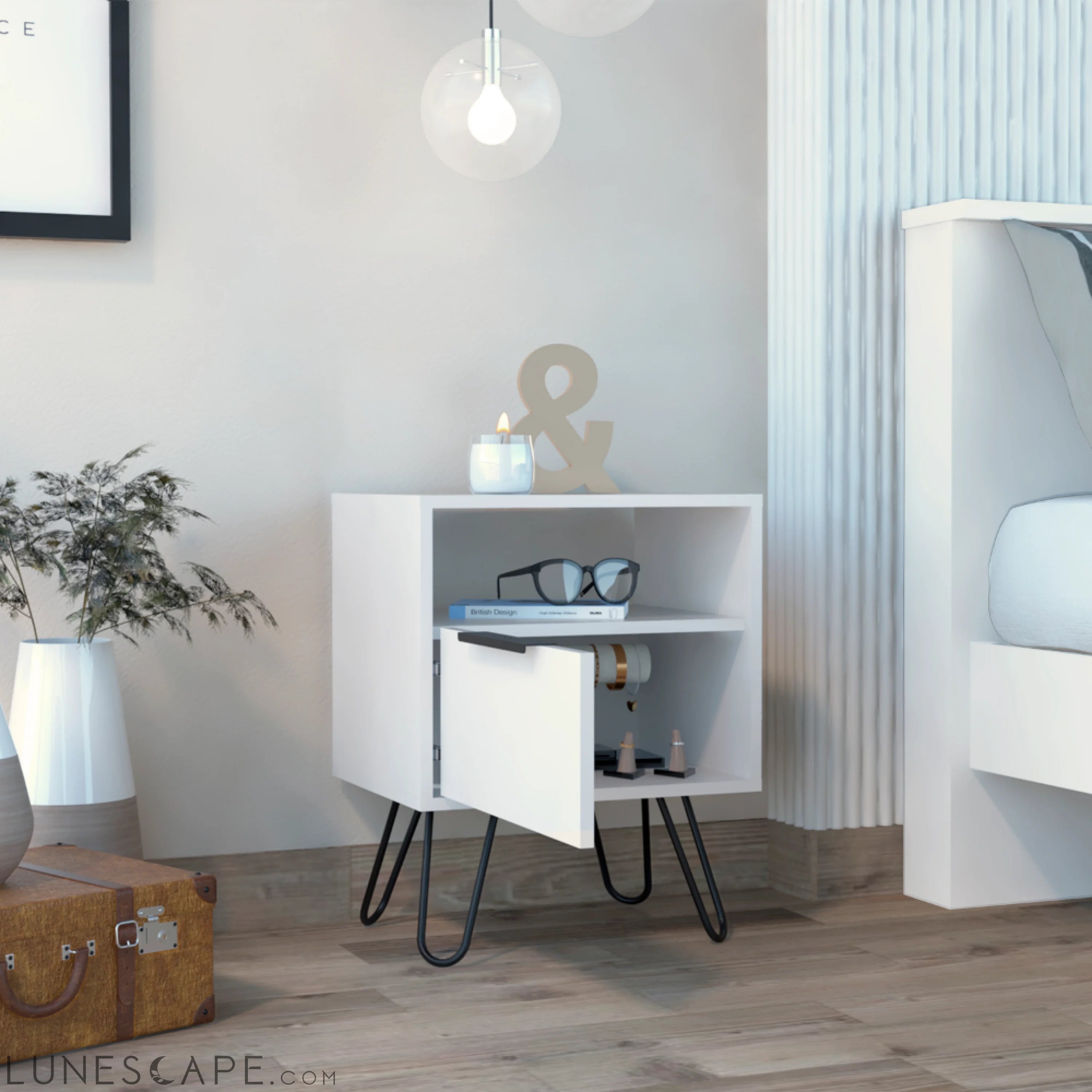 Nightstand Skyoner, Single Drawer, Hairpin Legs, White Finish LUNESCAPE