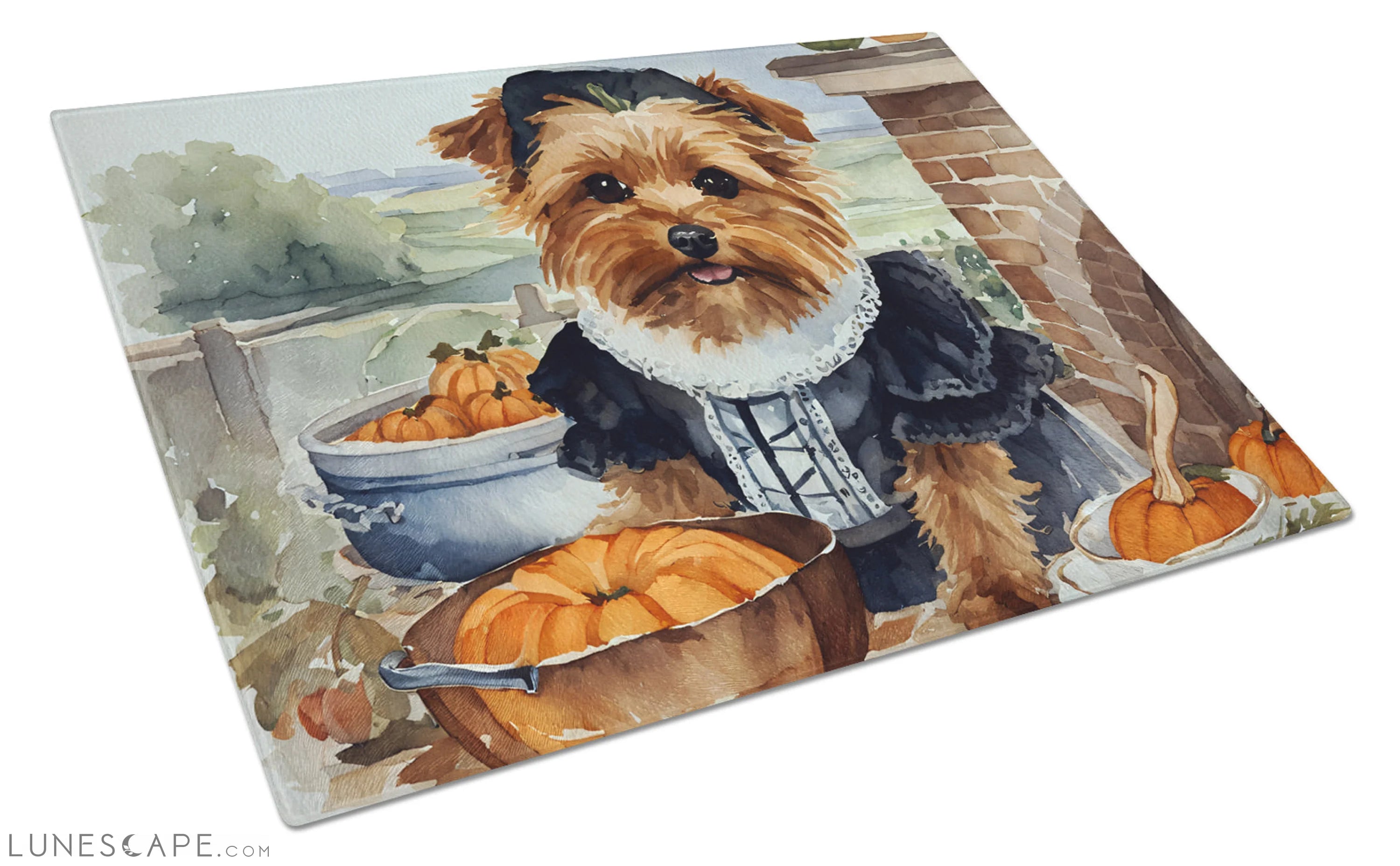 Norfolk Terrier Thanksgiving Fall Kitchen Pumpkins Glass Cutting Board LUNESCAPE