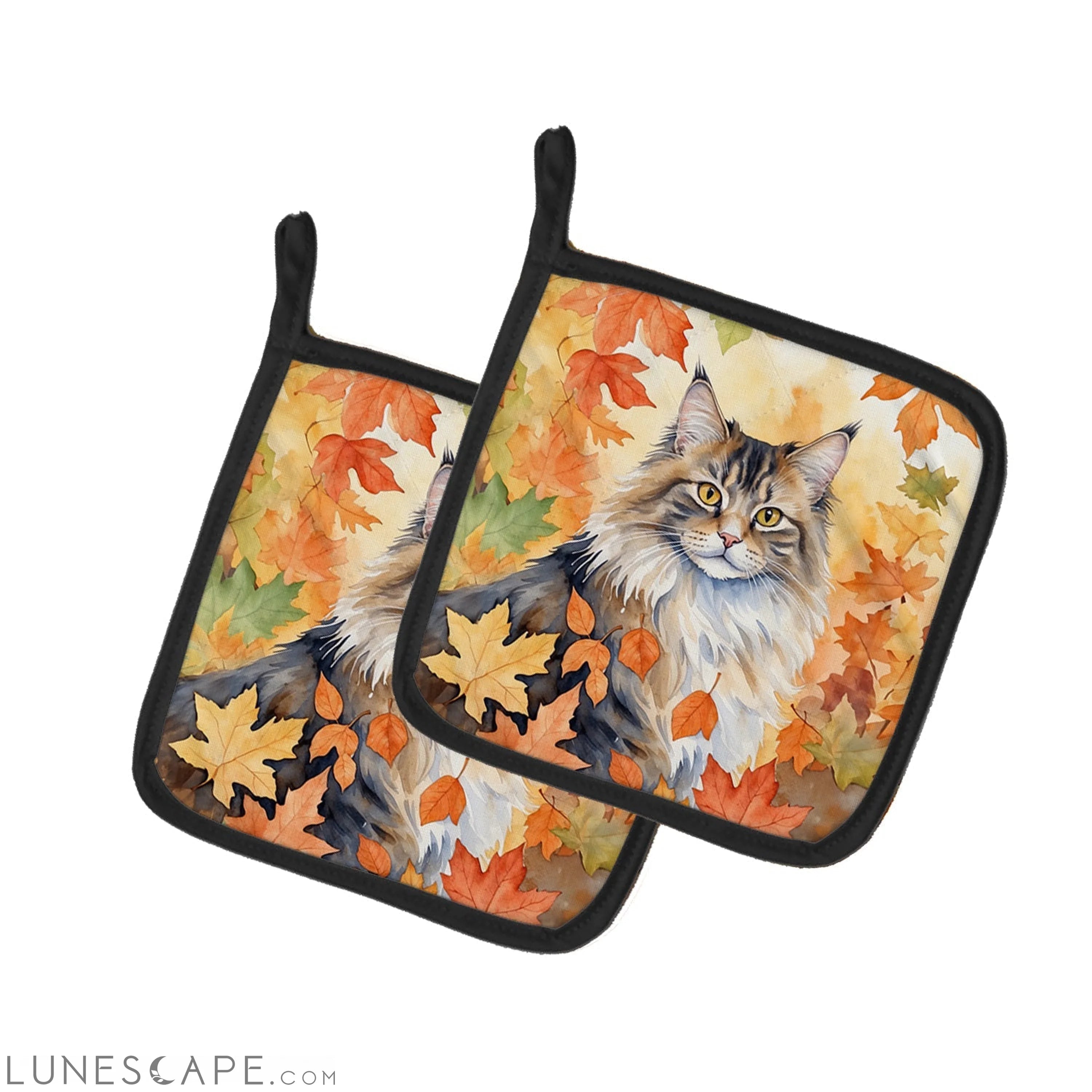 Norwegian Forest Cat in Fall Leaves Pair of Pot Holders LUNESCAPE