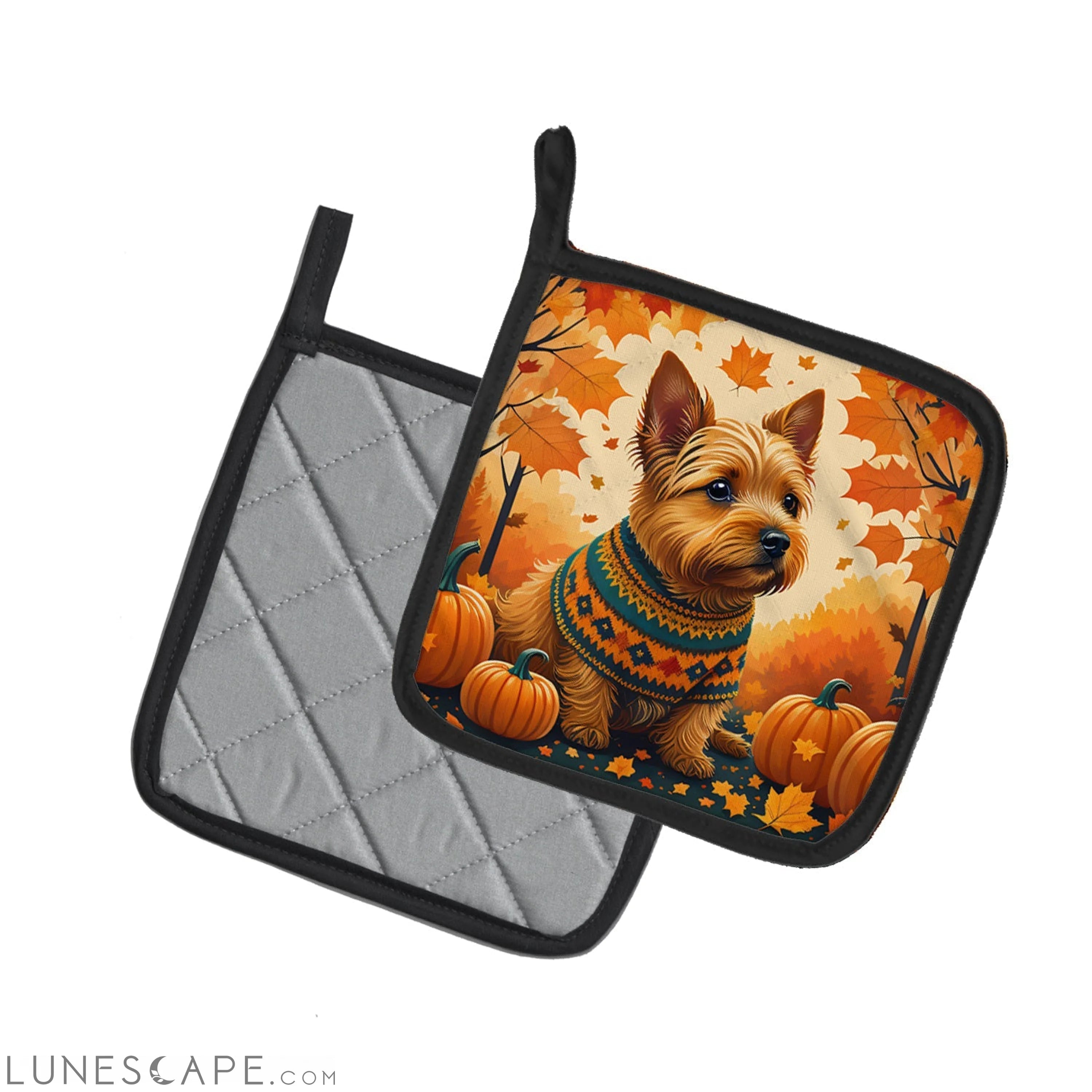 Norwich Terrier Fall Pair of Pot Holders LUNESCAPE