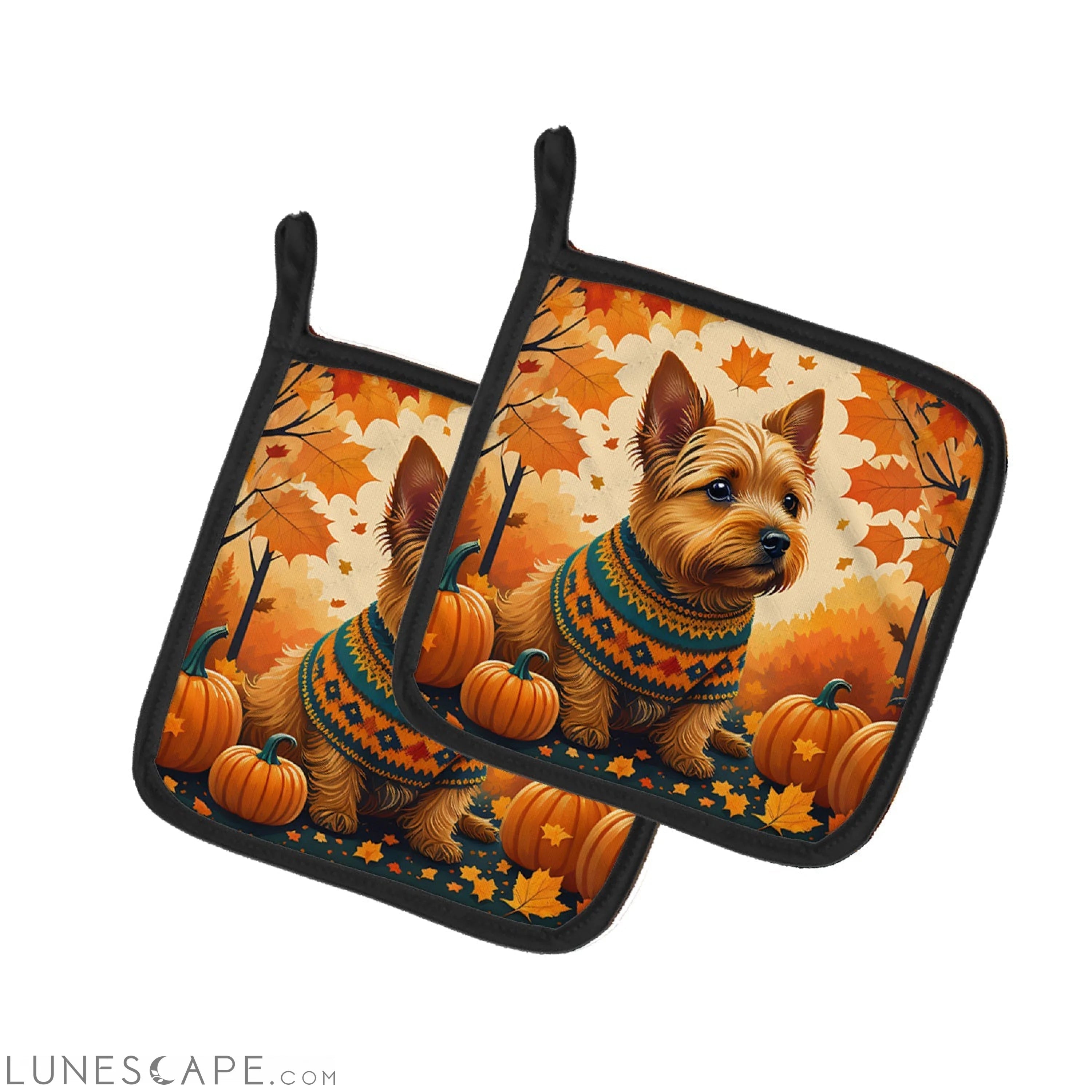 Norwich Terrier Fall Pair of Pot Holders LUNESCAPE