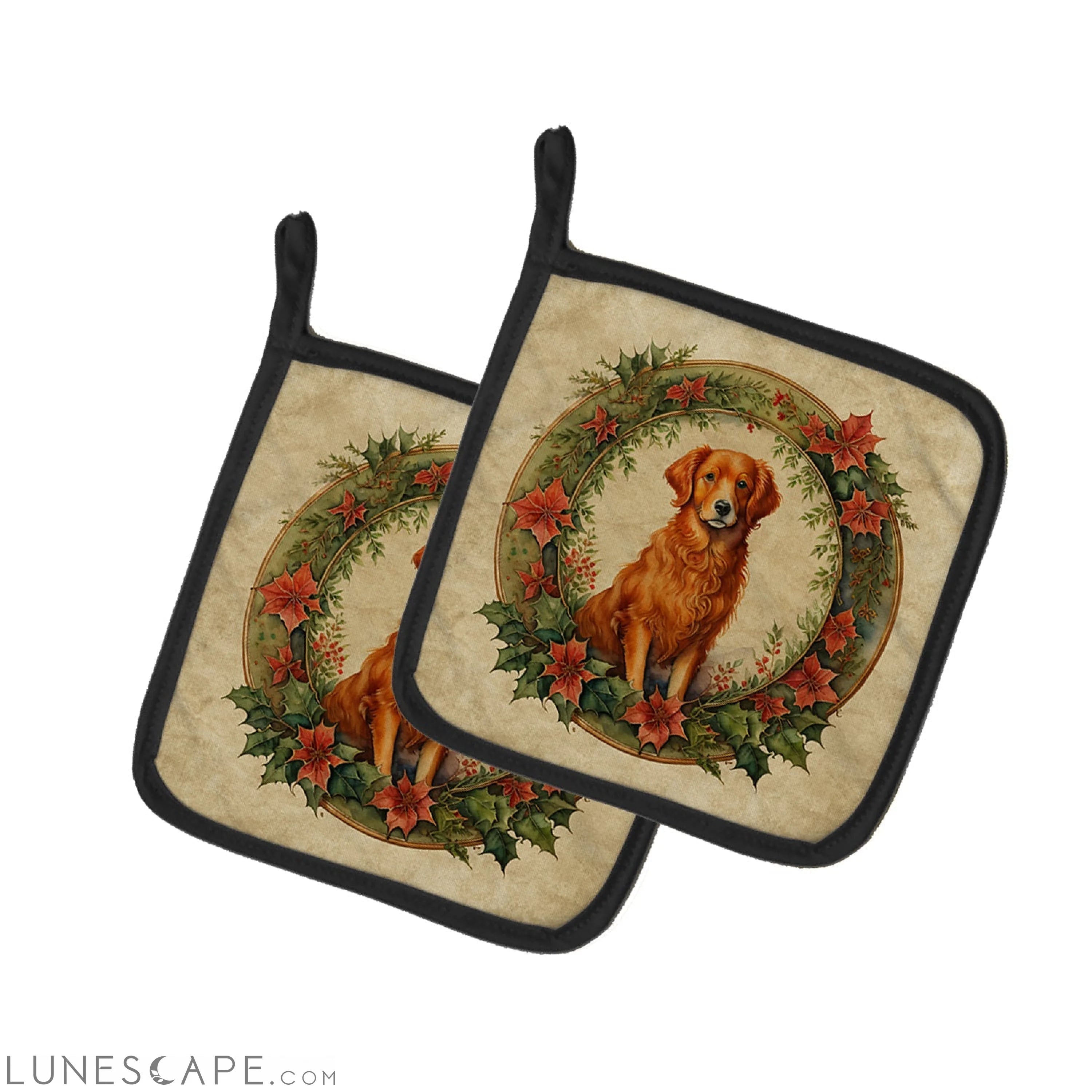 Nova Scotia Duck Tolling Retriever Christmas Flowers Pair of Pot Holders LUNESCAPE