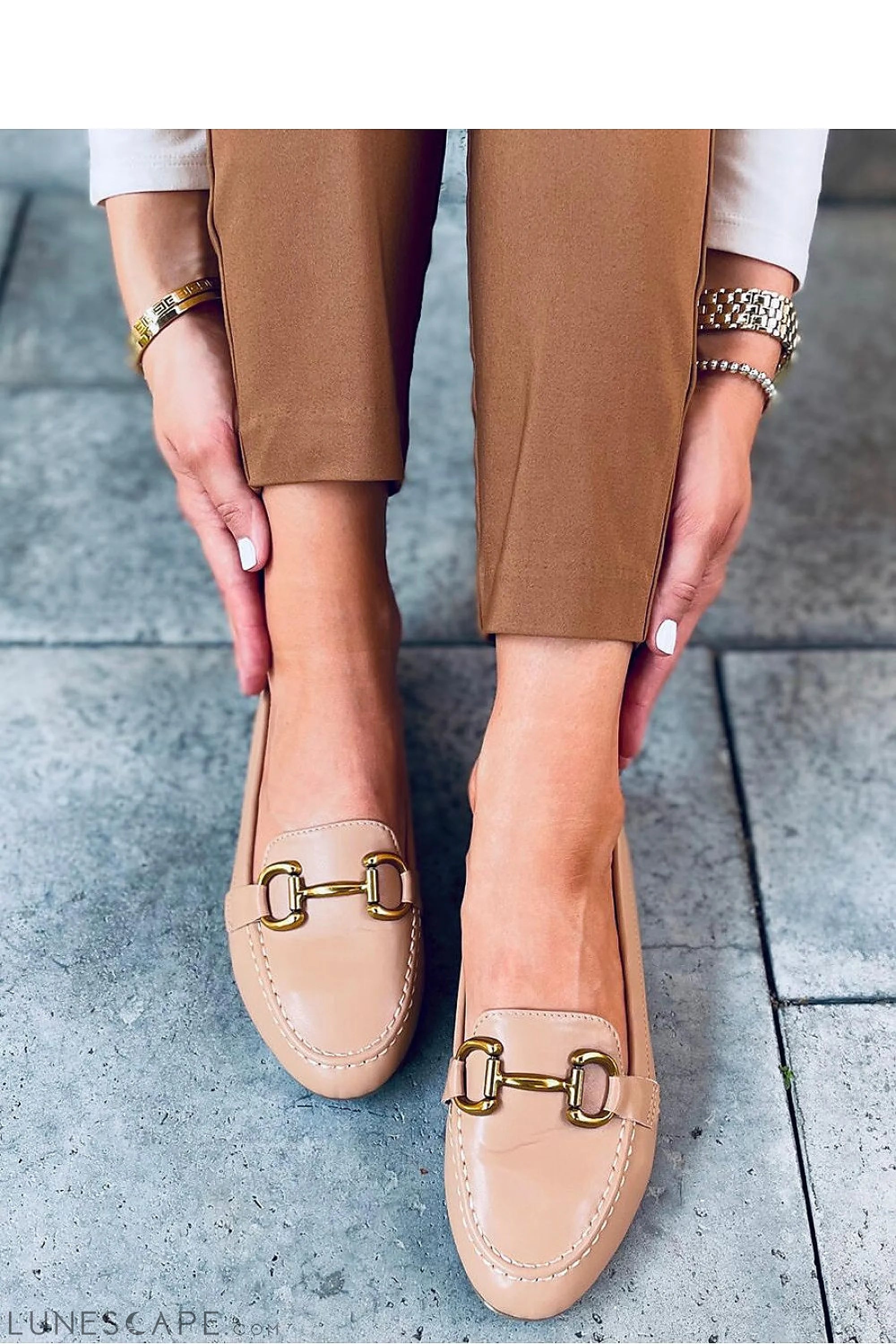 Nude Vegan Leather Low-Heel Loafers - Brushed Gold Horsebit & Topstitch Detail LUNESCAPE