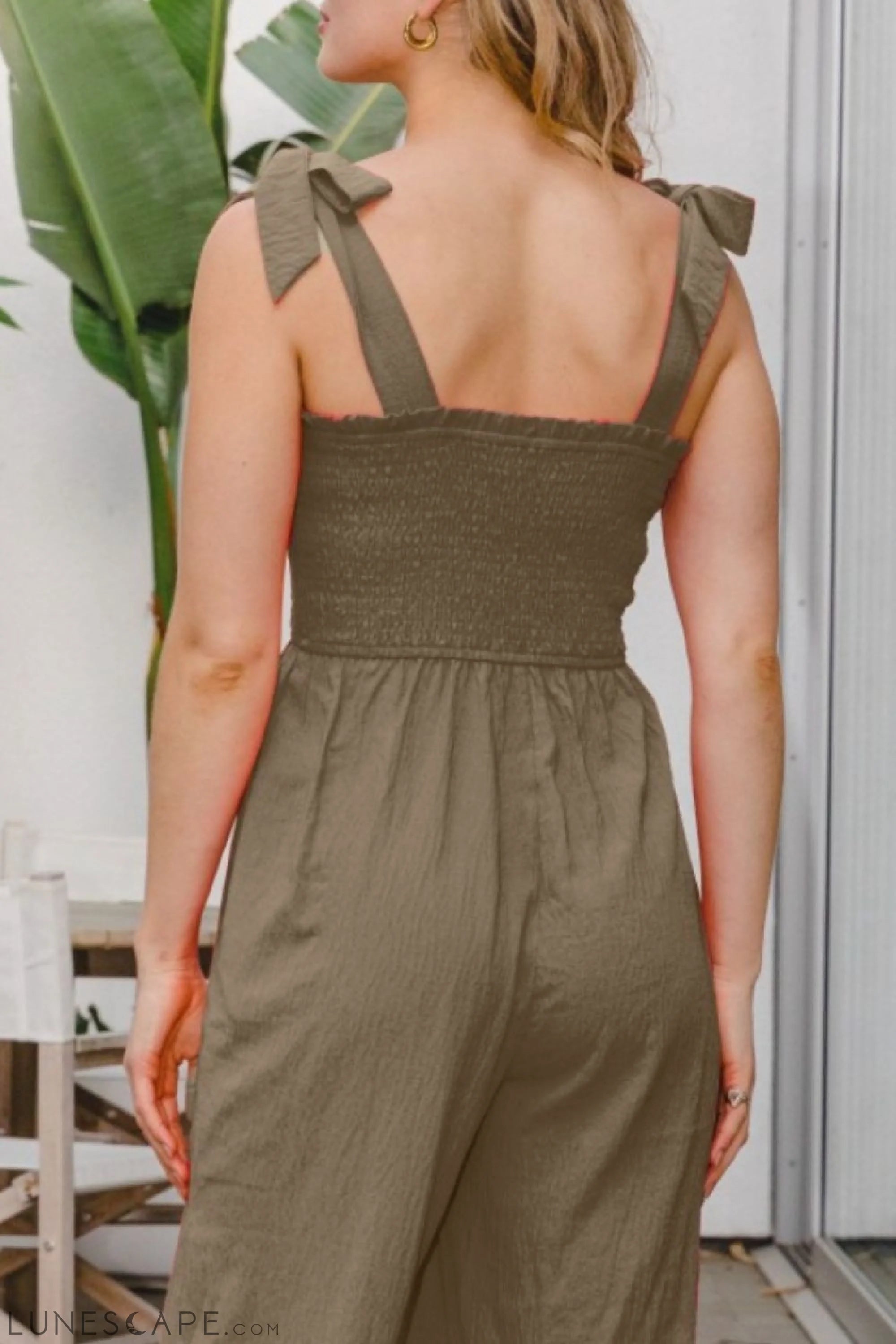 ODDI Full Size Bodice Smocked Sleeveless Jumpsuit LUNESCAPE