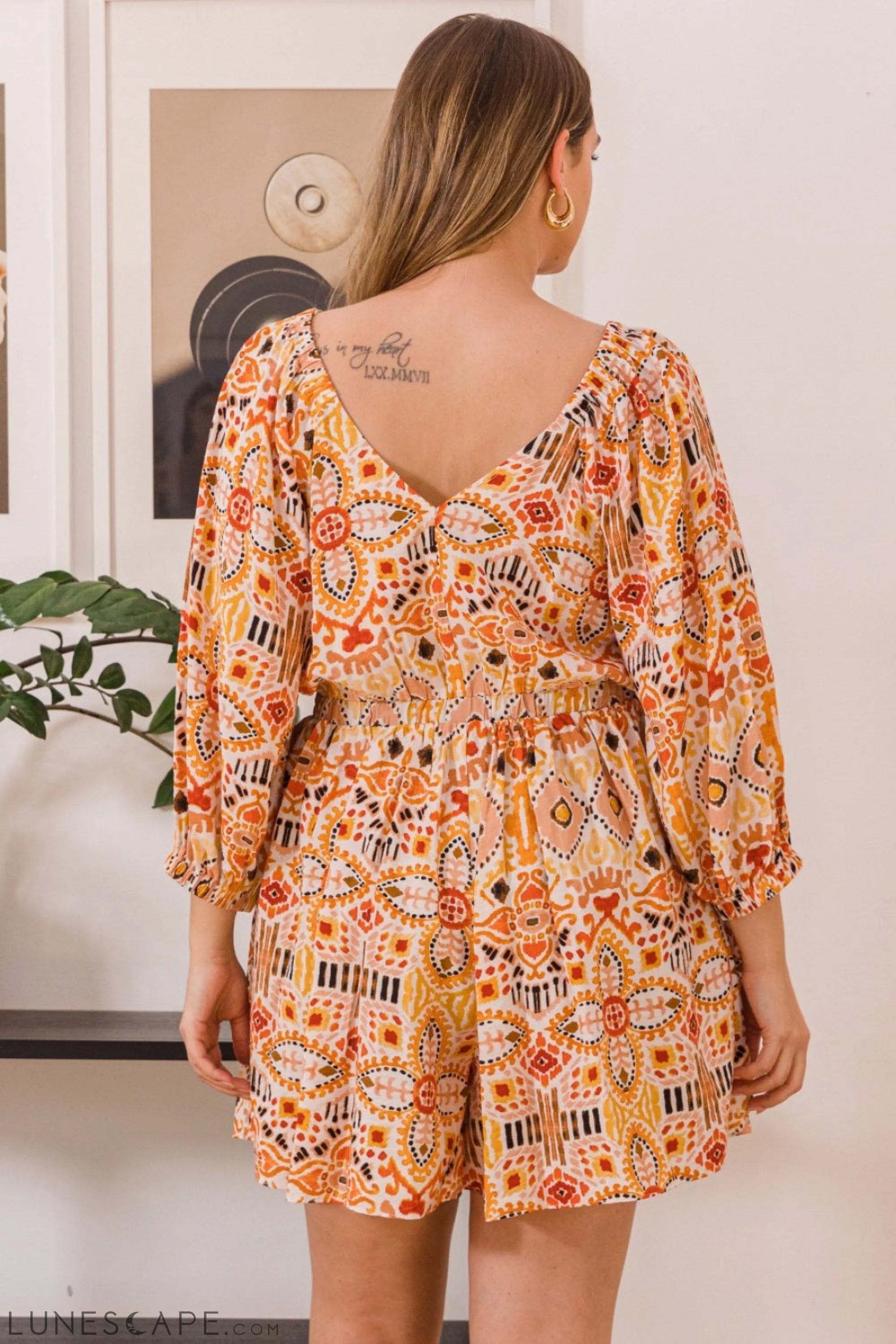 ODDI Full Size Printed Ruff Sleeve Romper with Pockets LUNESCAPE