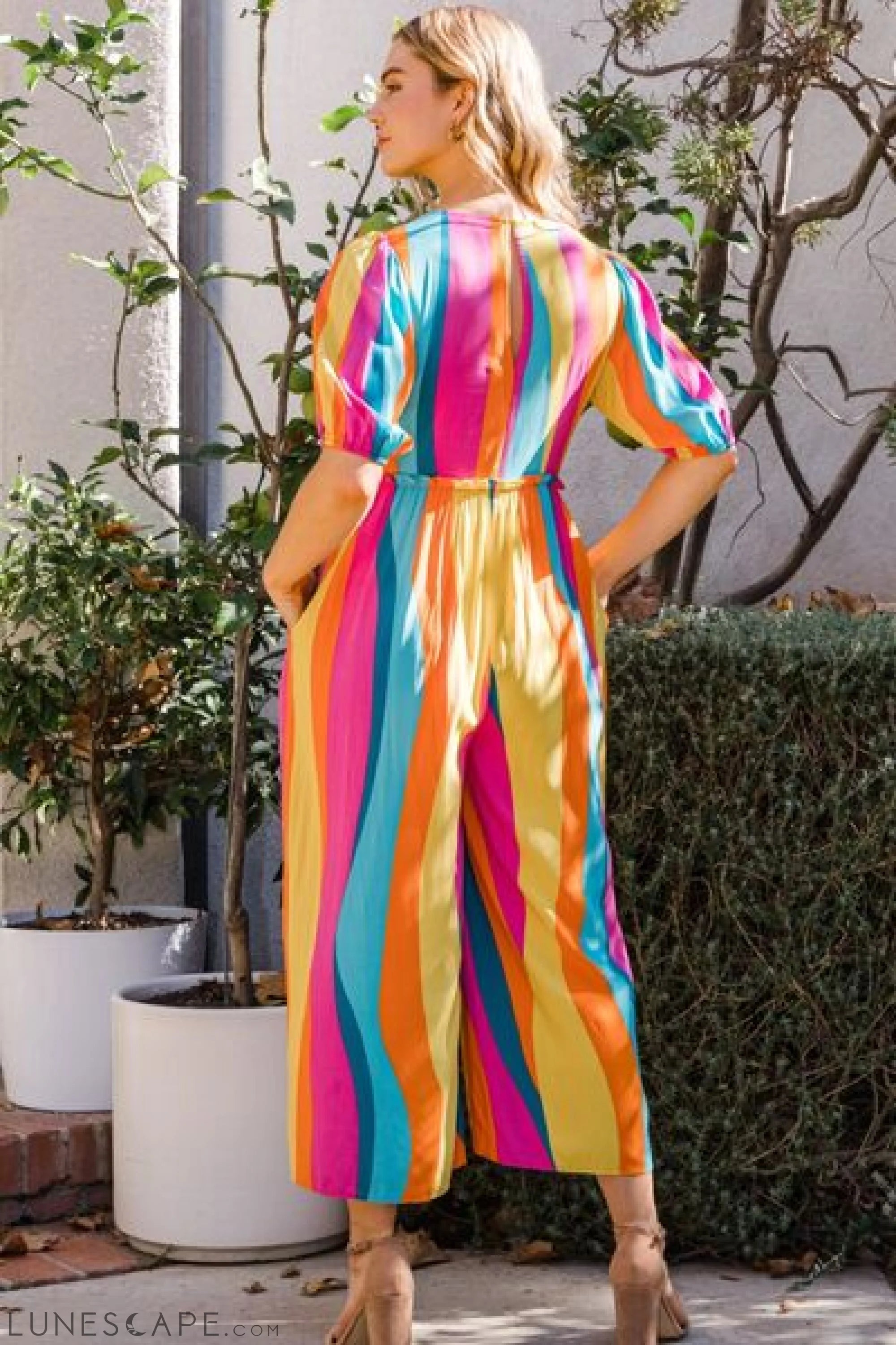 ODDI Striped Puff Sleeve Jumpsuit - Full Size Wide Leg Design LUNESCAPE