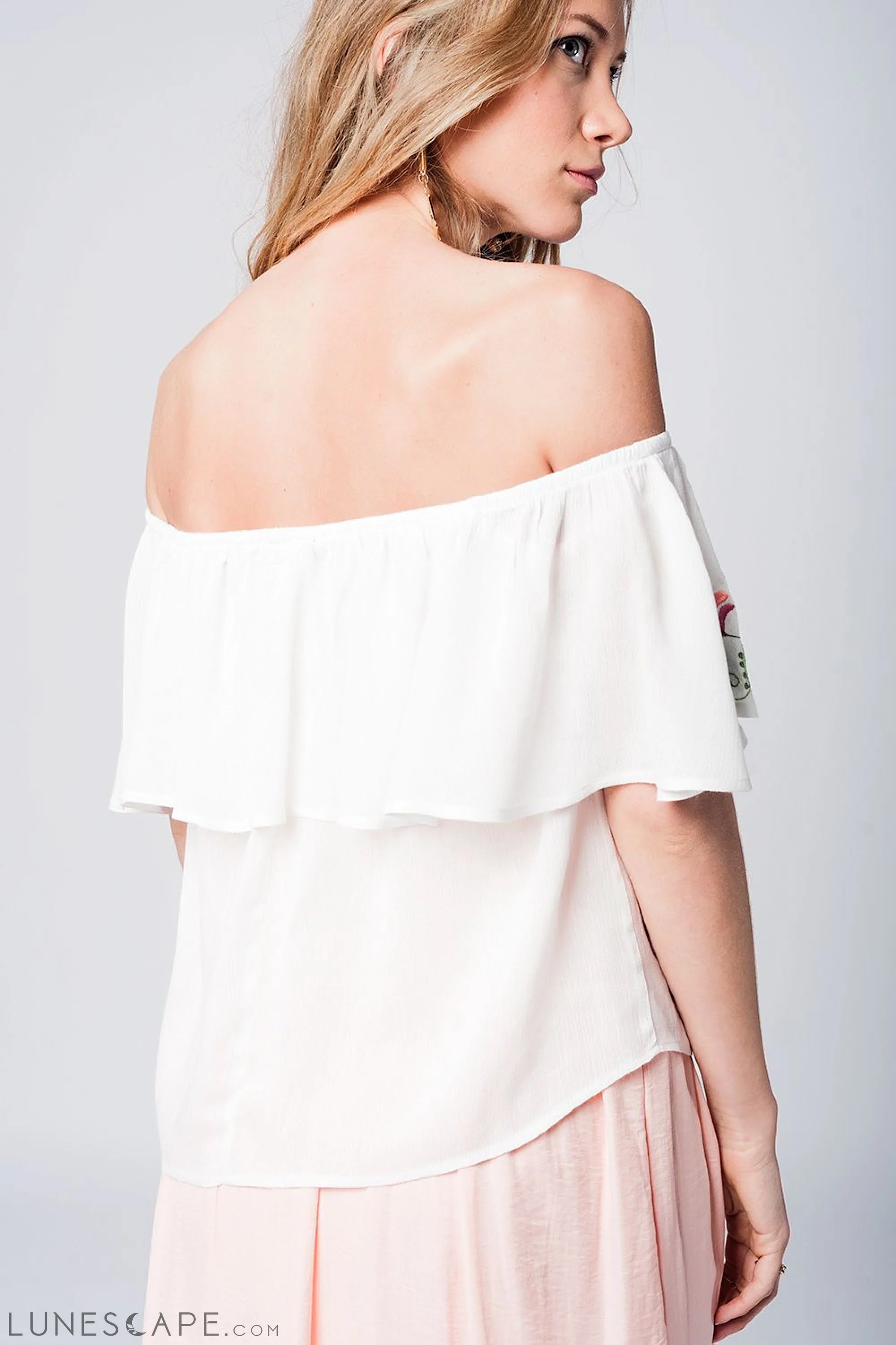 Off Shoulder Ruffle White Blouse Button Front Blouses