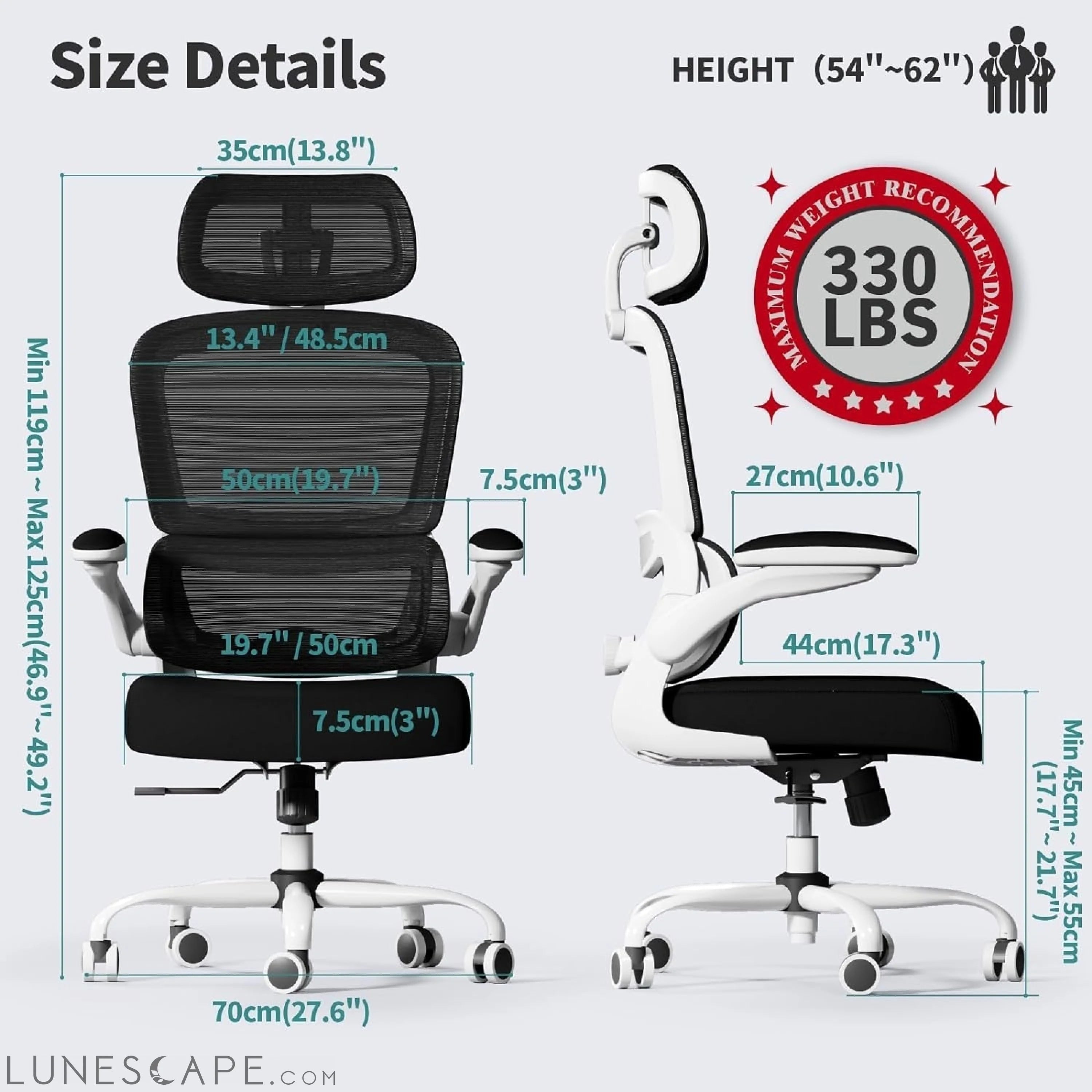 Office Chair Ergonomic Desk Chair, 330 LBS Home Mesh Office Desk LUNESCAPE