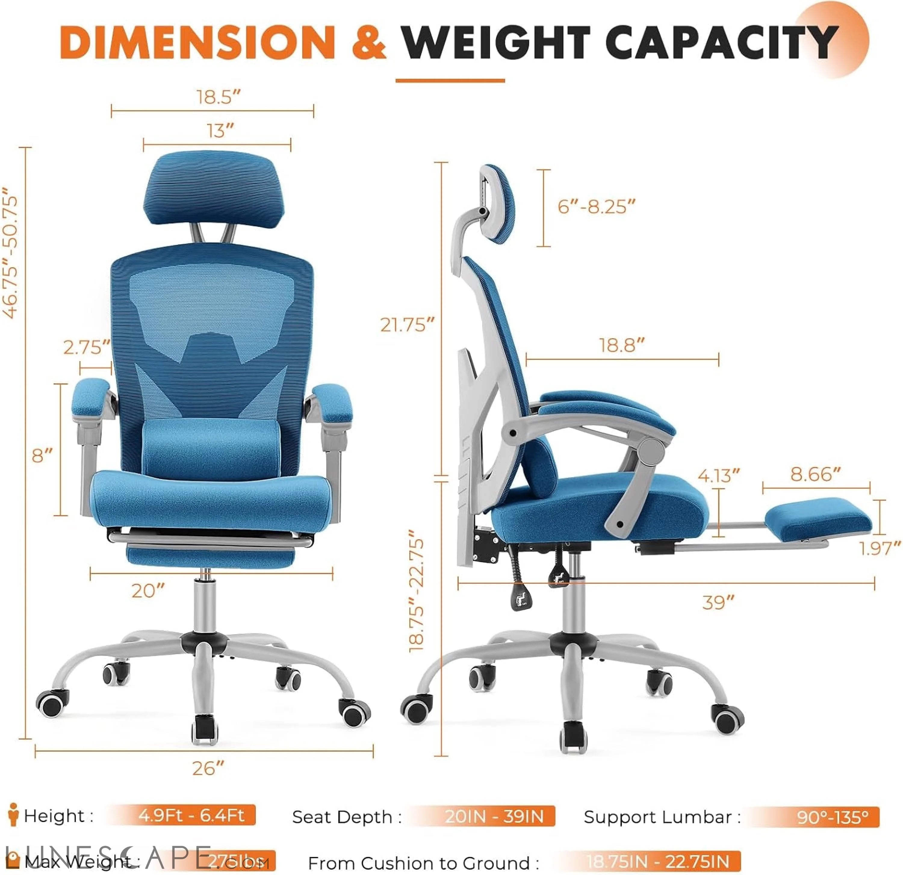 Office Computer Desk Chair, Ergonomic High-Back Mesh Rolling Work LUNESCAPE
