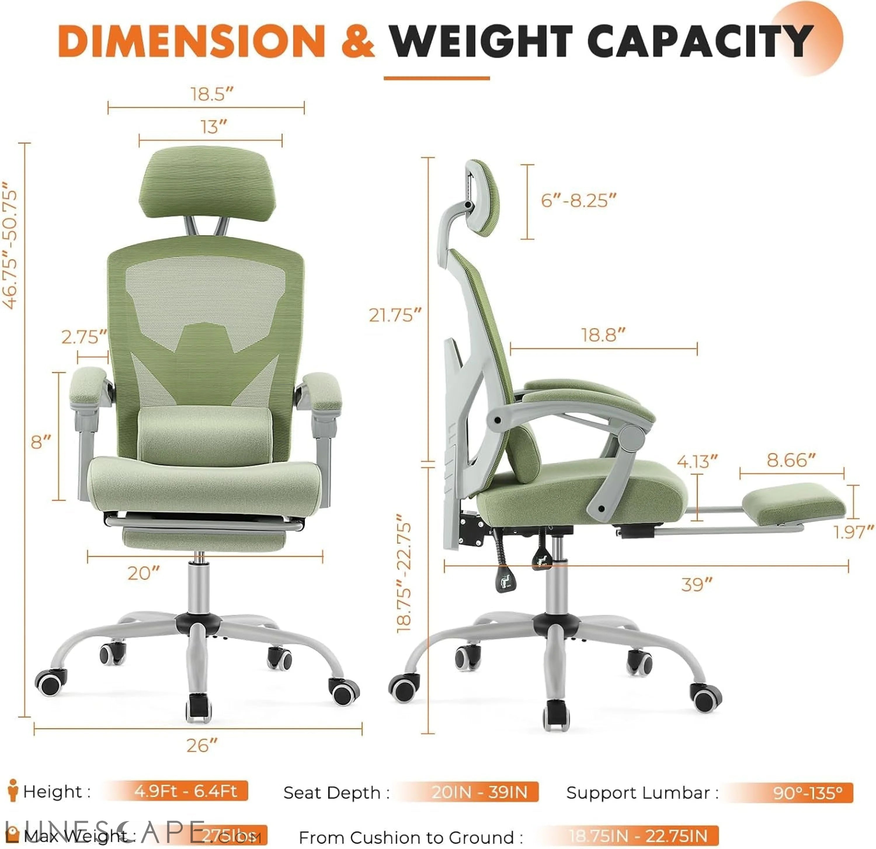 Office Computer Desk Chair, Ergonomic High-Back Mesh Rolling Work LUNESCAPE