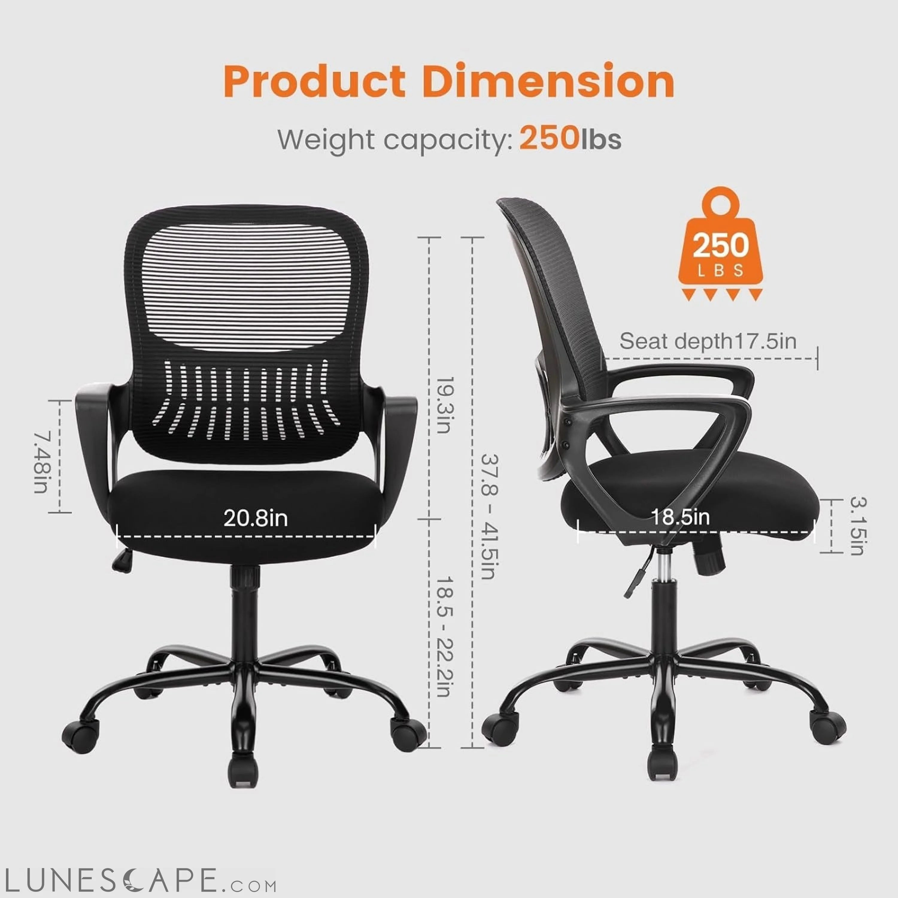 Office Computer Desk Managerial Executive Chair, Ergonomic Mid-Back LUNESCAPE