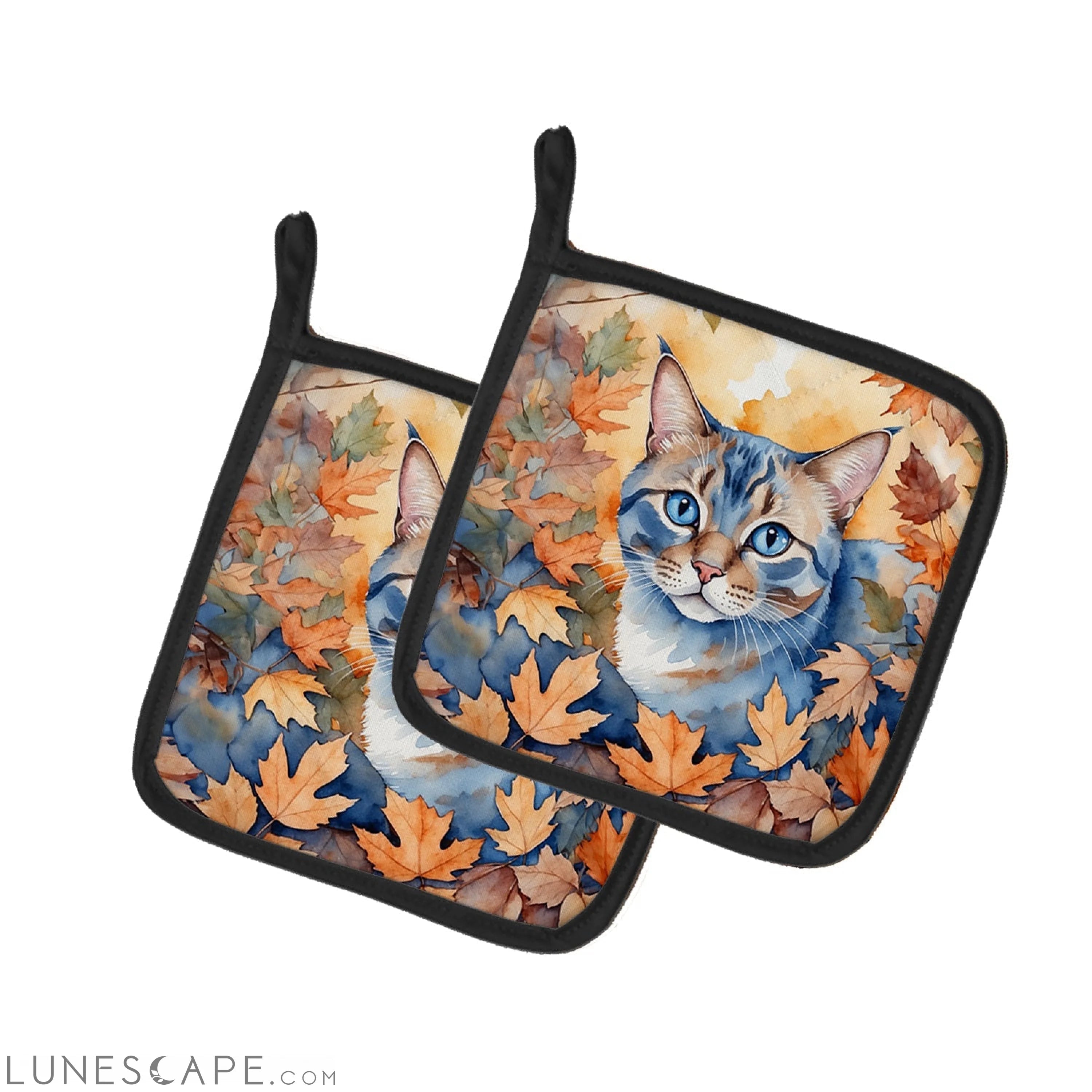 Ojos Azules Cat in Fall Leaves Pair of Pot Holders LUNESCAPE