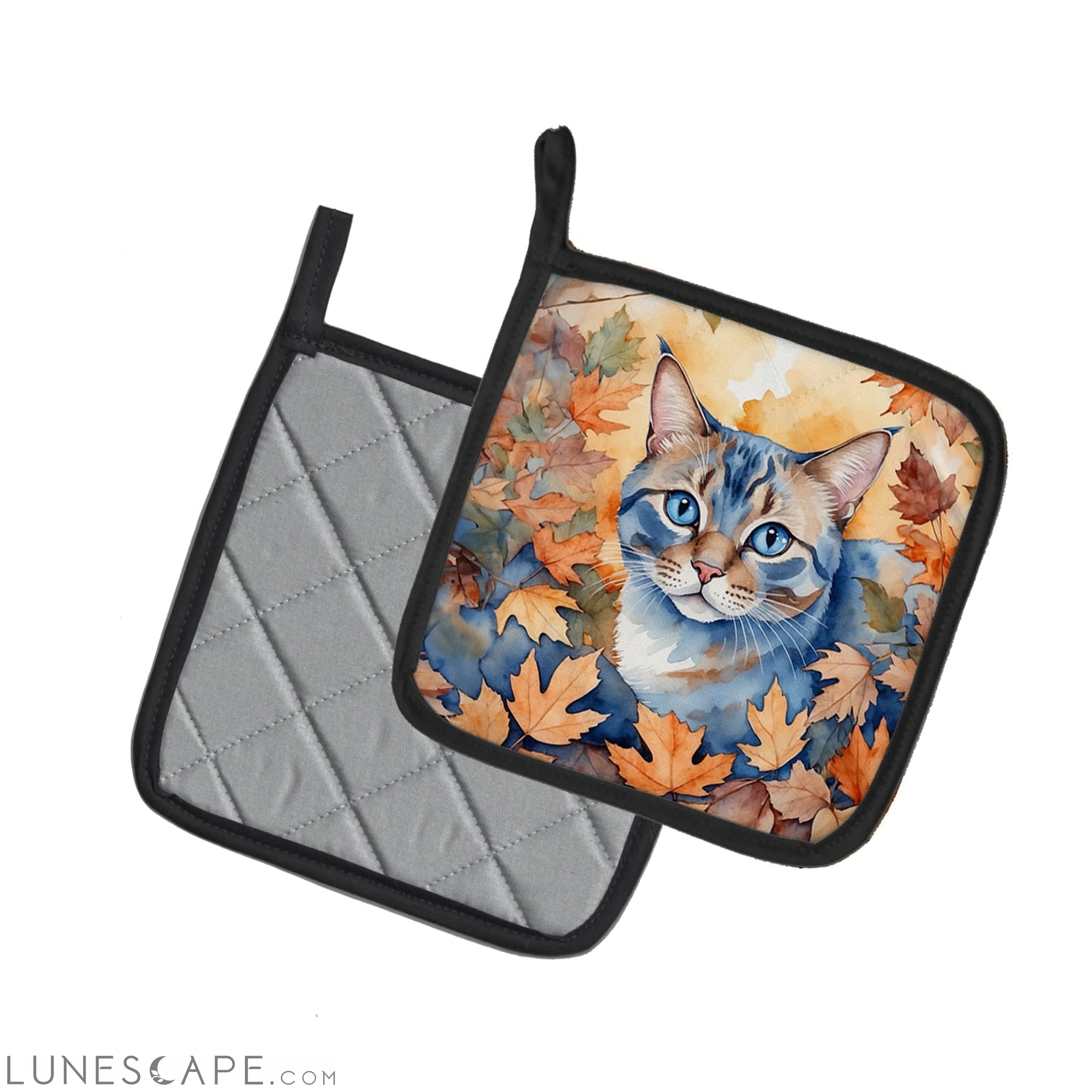 Ojos Azules Cat in Fall Leaves Pair of Pot Holders LUNESCAPE