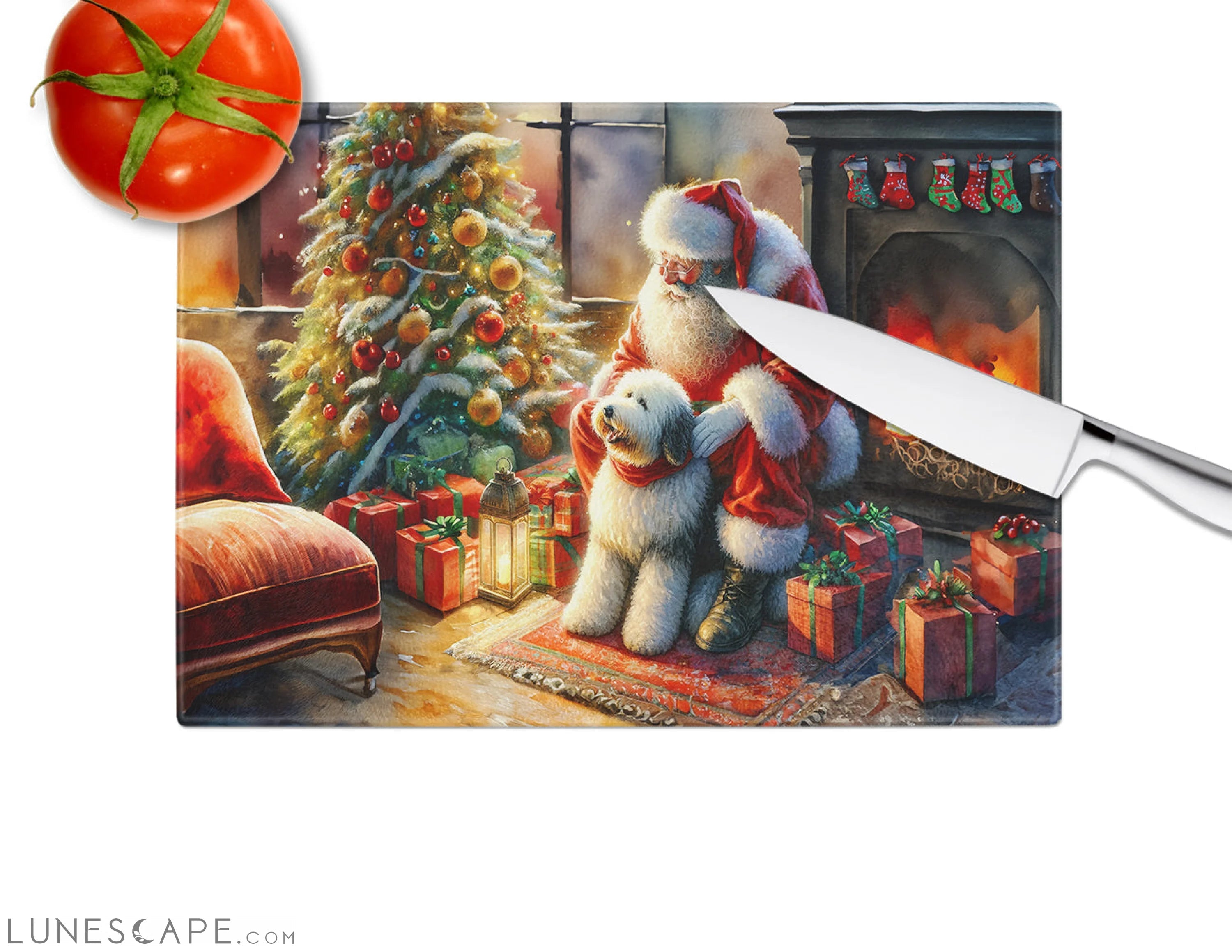 Old English Sheepdog and Santa Claus Glass Cutting Board LUNESCAPE