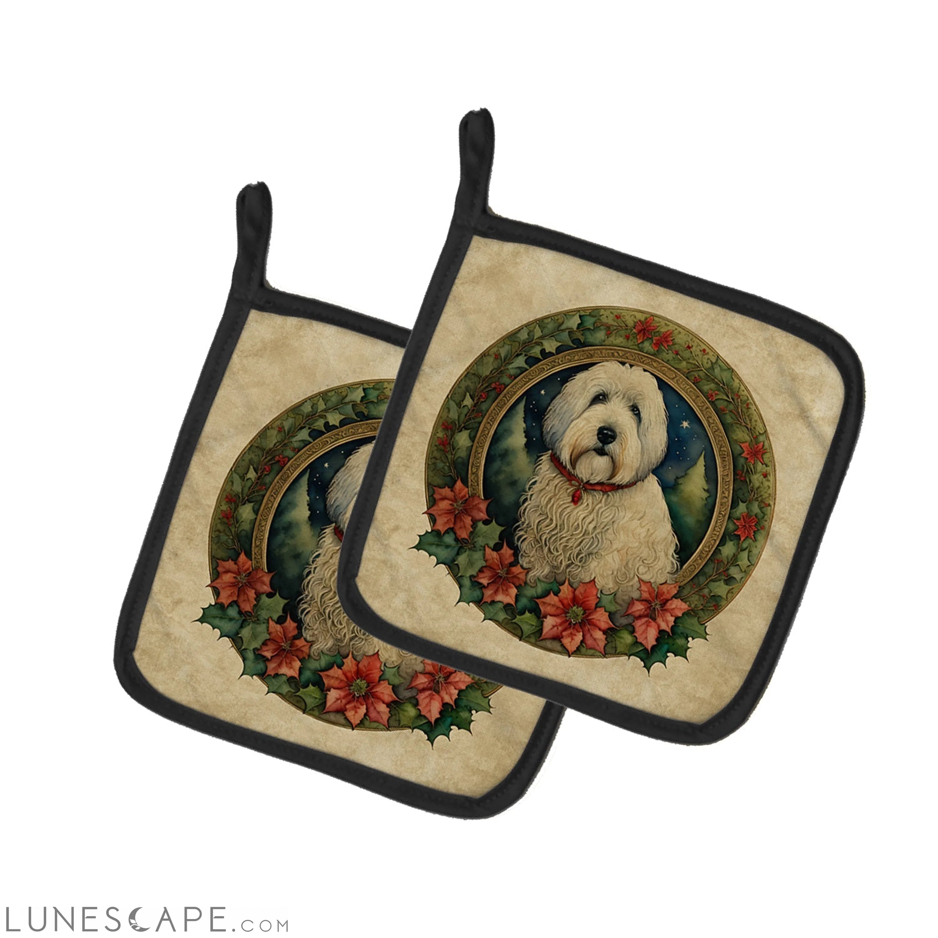 Old English Sheepdog Christmas Flowers Pair of Pot Holders LUNESCAPE